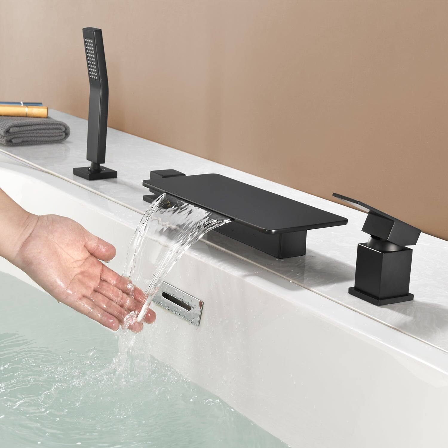 Alt View 9. Boyel Living - 11.2 in.W Black Rectangle Bathtub Faucet Hot Cold Control Waterfall Spout Handheld Shower High Capacity - Matte Black.