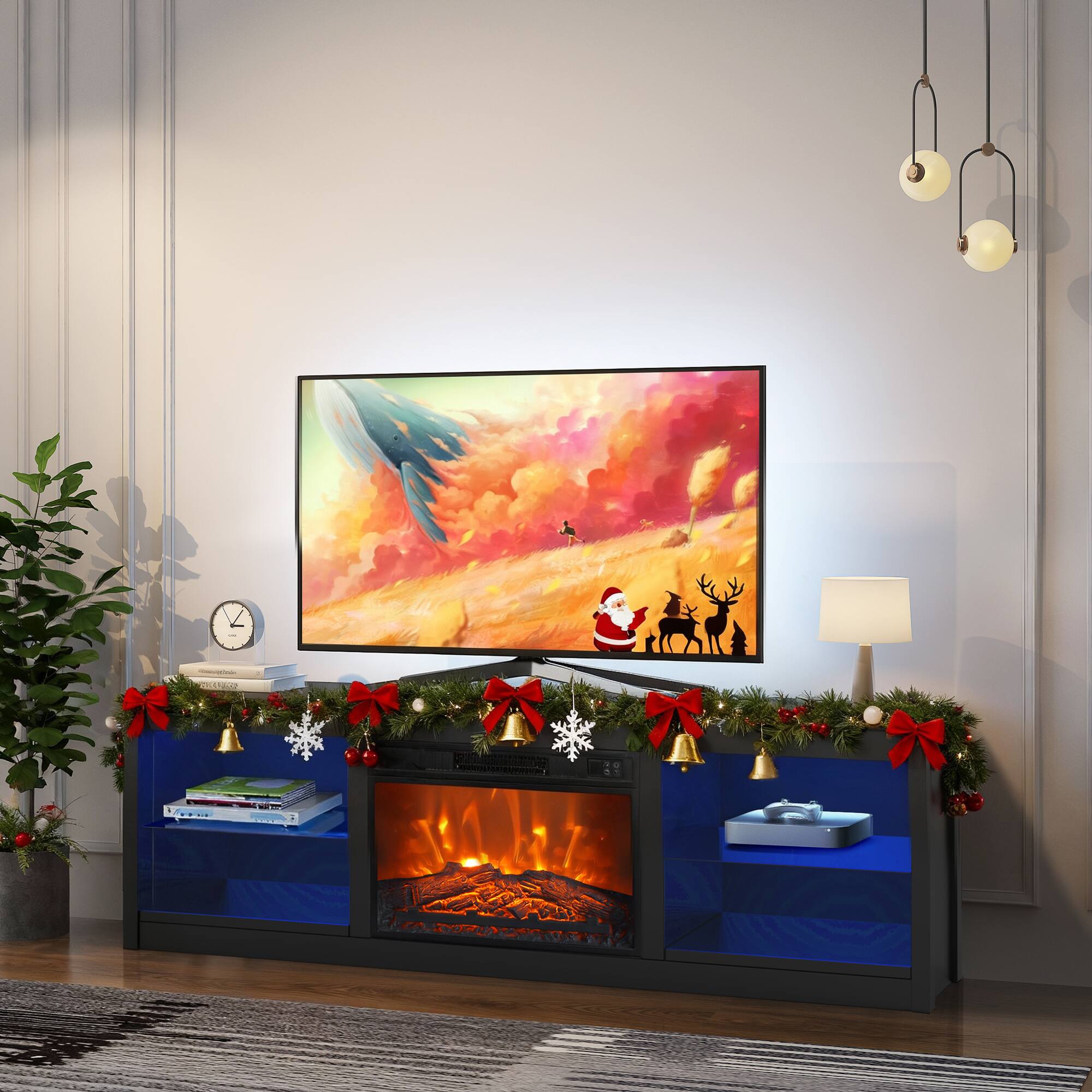 Front. Ihomeadore - 66" TV Stand with 23" Insert Electric Fireplace and Open Storage Shelves Media Console for TVs up to 75" - Black.
