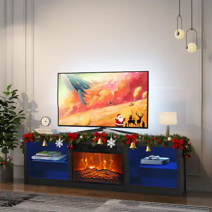 Front. Ihomeadore - 66" TV Stand with 23" Insert Electric Fireplace and Open Storage Shelves Media Console for TVs up to 75" - Black.