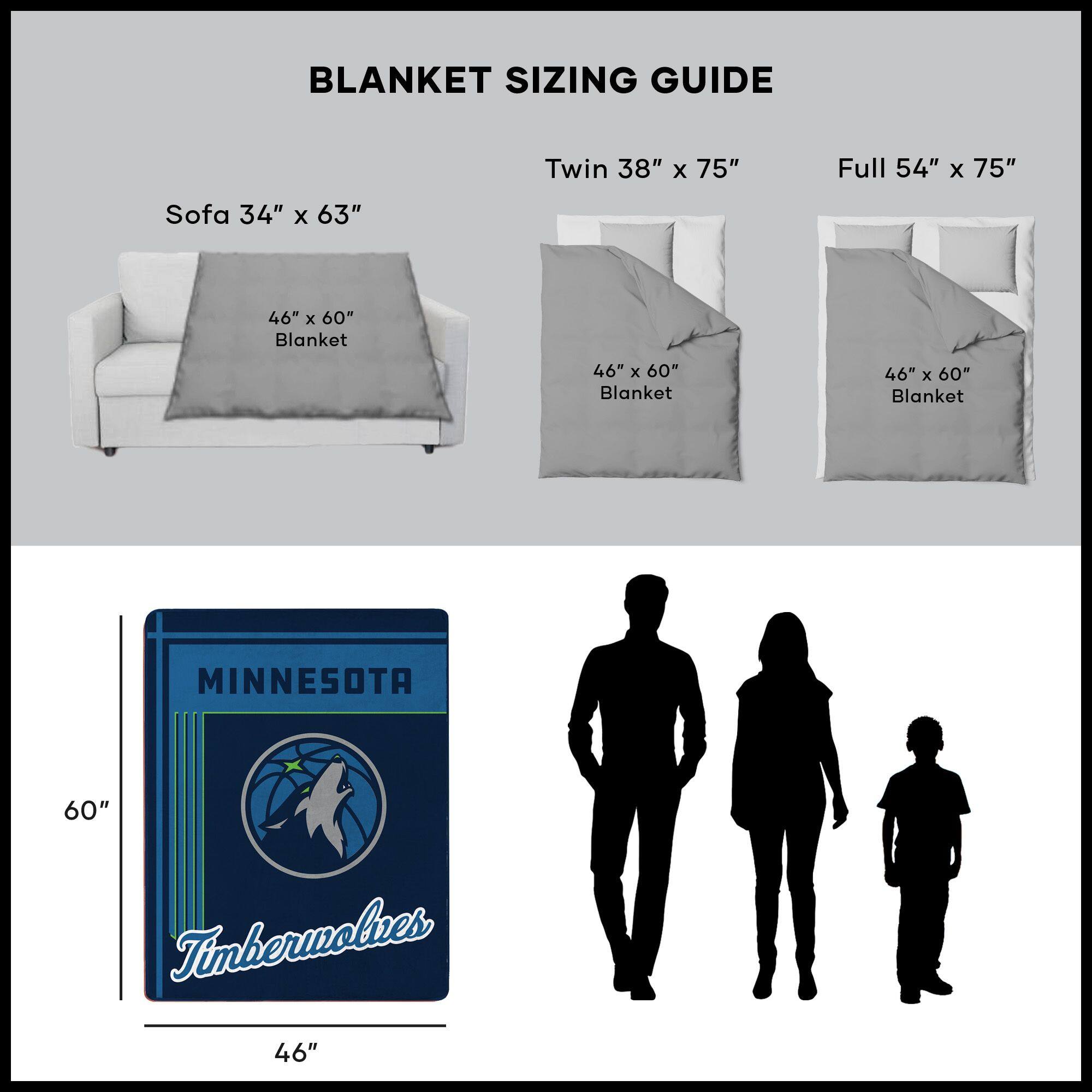 BLANKET SIZING GUIDE

Sofa 34" x 63"  
46" x 60" Blanket

Twin 38" x 75"  
46" x 60" Blanket

Full 54" x 75"  
46" x 60" Blanket

MINNESOTA  
Timberwolves  
46" x 60"