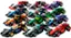 The image shows a collection of toy race cars, each with a different color and design. The cars are arranged in a circular pattern, with some cars positioned closer to the center and others towards the edges. The colors of the cars include red, green, blue, and orange, among others. The toy cars are likely part of a racing set or a display of collectible cars.