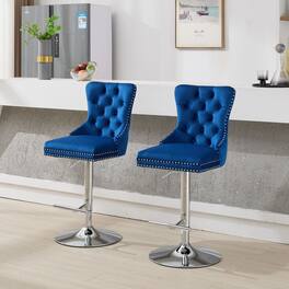 GOODSILO - Adjustable Height Swivel Barstools with Velvet Upholstery and Chrome Base - Set of 2 for Home Bars and Kitchen Islands - Blue