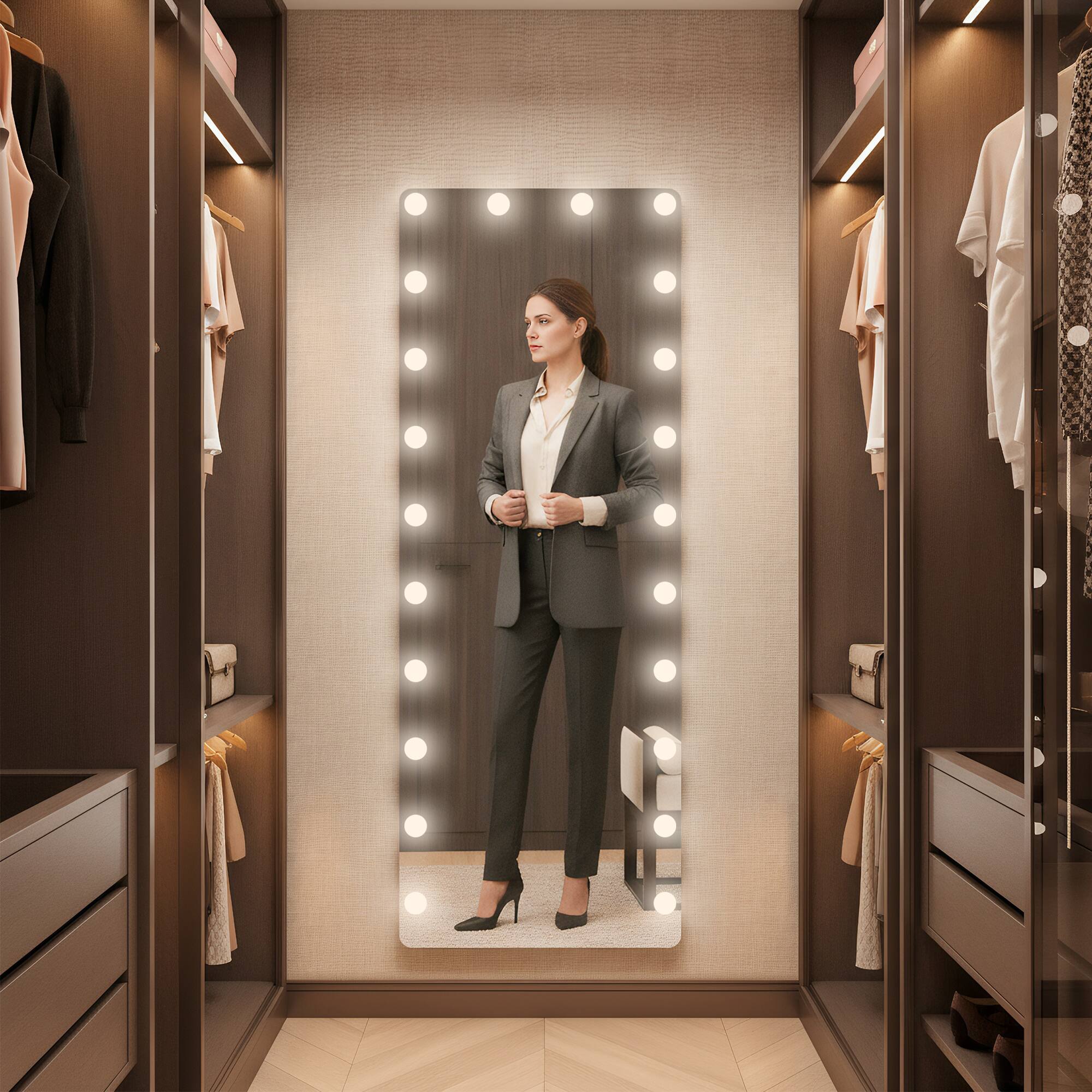 Left. Spaco - Spaco 65 x 22 Rectangle LED Full-Length Tempered Mirror with 22 Dimmable Bulbs and 3 Colors Smart Touch Control - White.