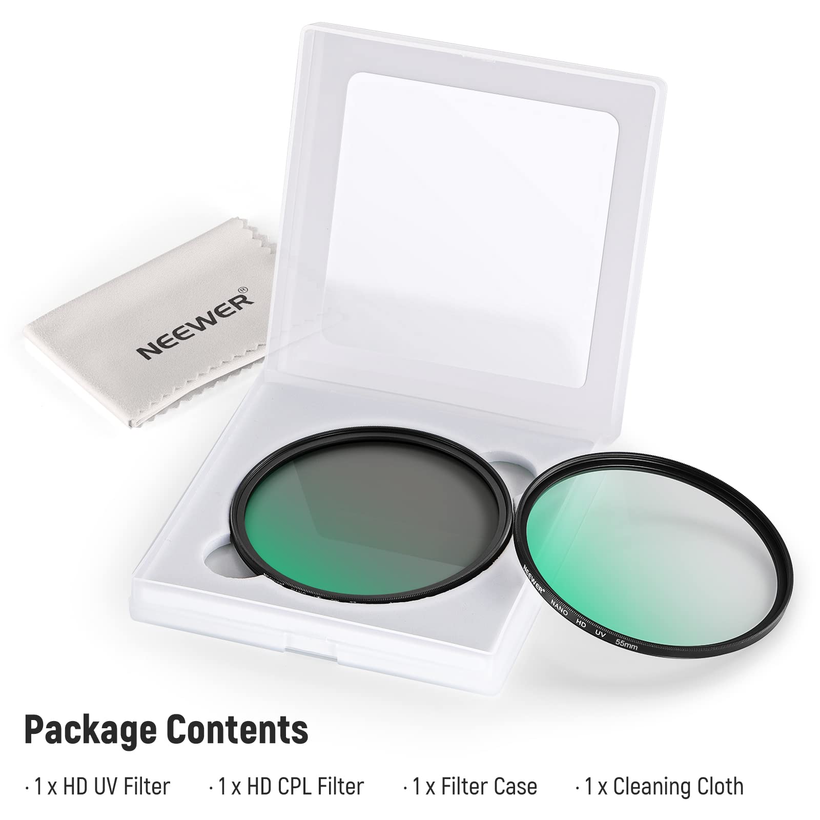 NEEWER HAND HD UV Bbmm Package Contents

1 X HD UV Filter  
1 X HD CPL Filter  
1 X Filter Case  
1 X Cleaning Cloth