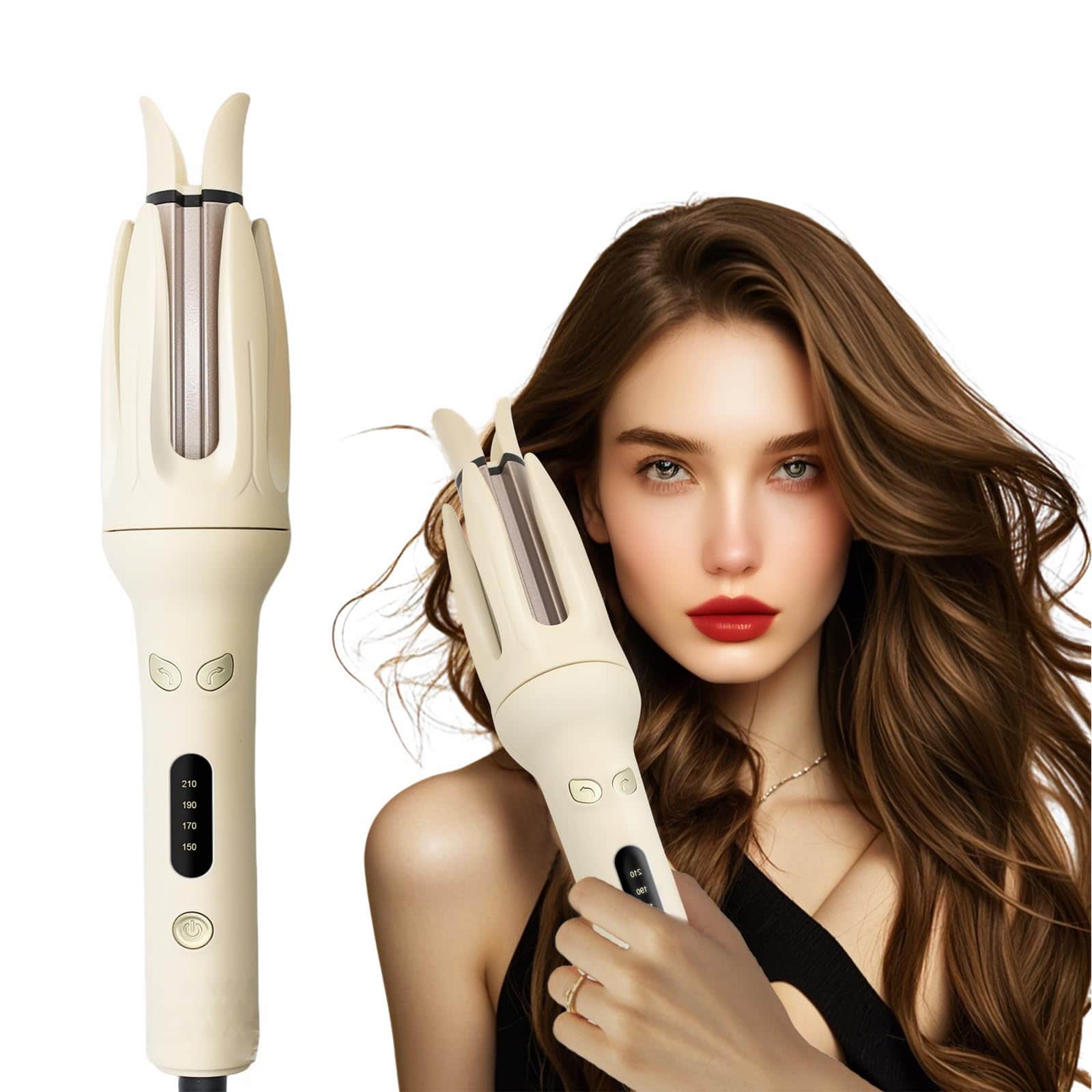 VEGA AUTOMOTIVE - Rotating Curling Iron Automatic Hair Curler Fast Heating With 4 Adjustable Temps For Styling - Cream Yellow