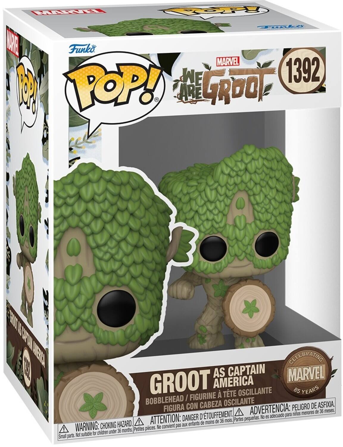 Funko POP! MARVEL WE ARE GROOT 1392 M GROOT AS CAPTAIN AMERICA BOBBLEHEAD / FIGURINE CON CABEZA OSCILANTE 85 YEARS CELEBRATING MARVEL GROOT AS CAPTAIN AMERICA TTE OSCILANTE ADVERTENCIA: PELIGRO DE ASFIXIA. FIGURA ADVERTENCIA: PELIGRO DE ASFIXIA. ATTENTION: DANGER D'ÉTOUFFEMENT. Partes pequeñas. No es adecuado para niños menores de 36 meses. WARNING: CHOKING HAZARD. Petites pièces. Ne convient pas aux enfants. Small parts. Not suitable for children under 36 months.