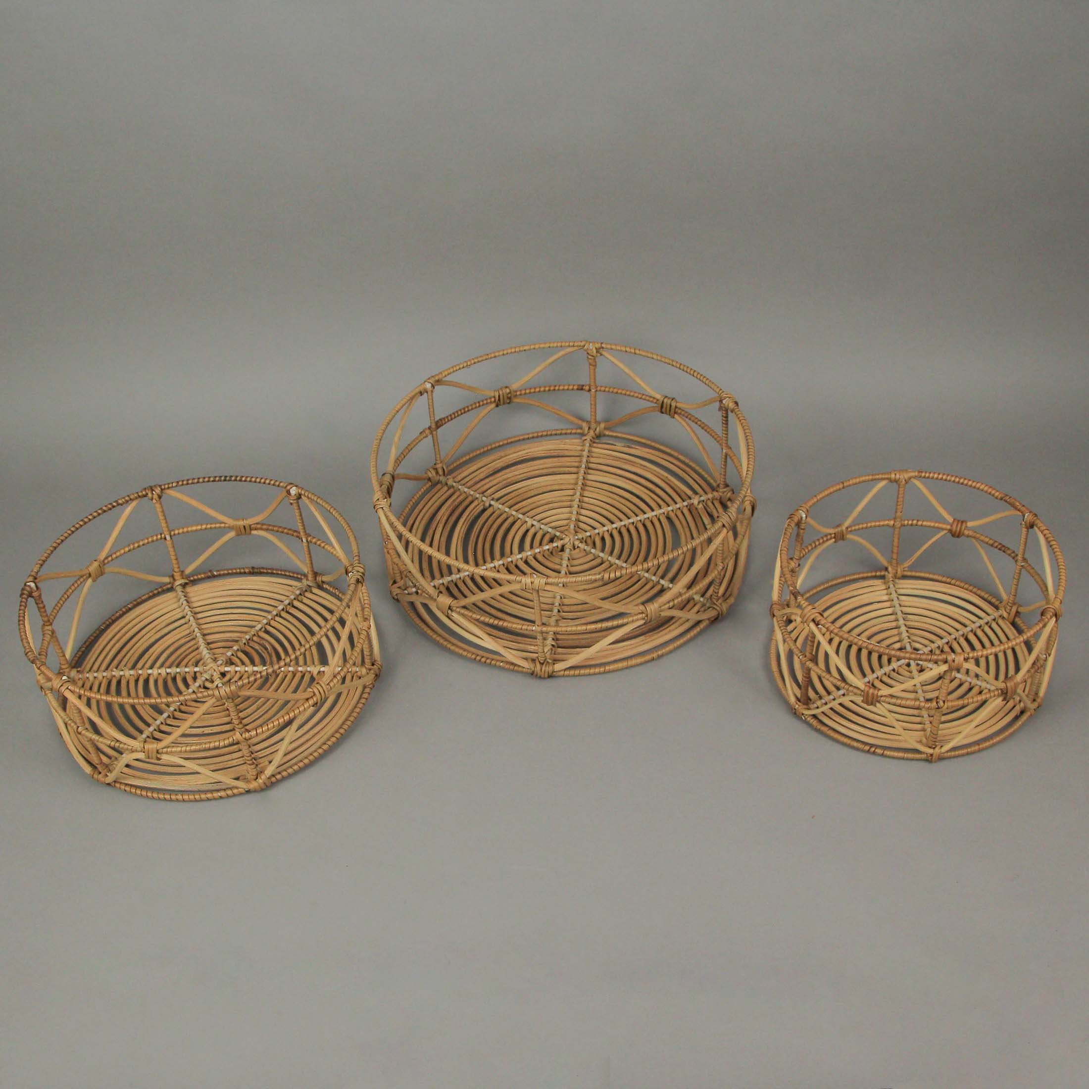 Alt View 4. PD Home & Garden - Set of 3 Metal and Rattan Nesting Round Basket Trays - Brown.