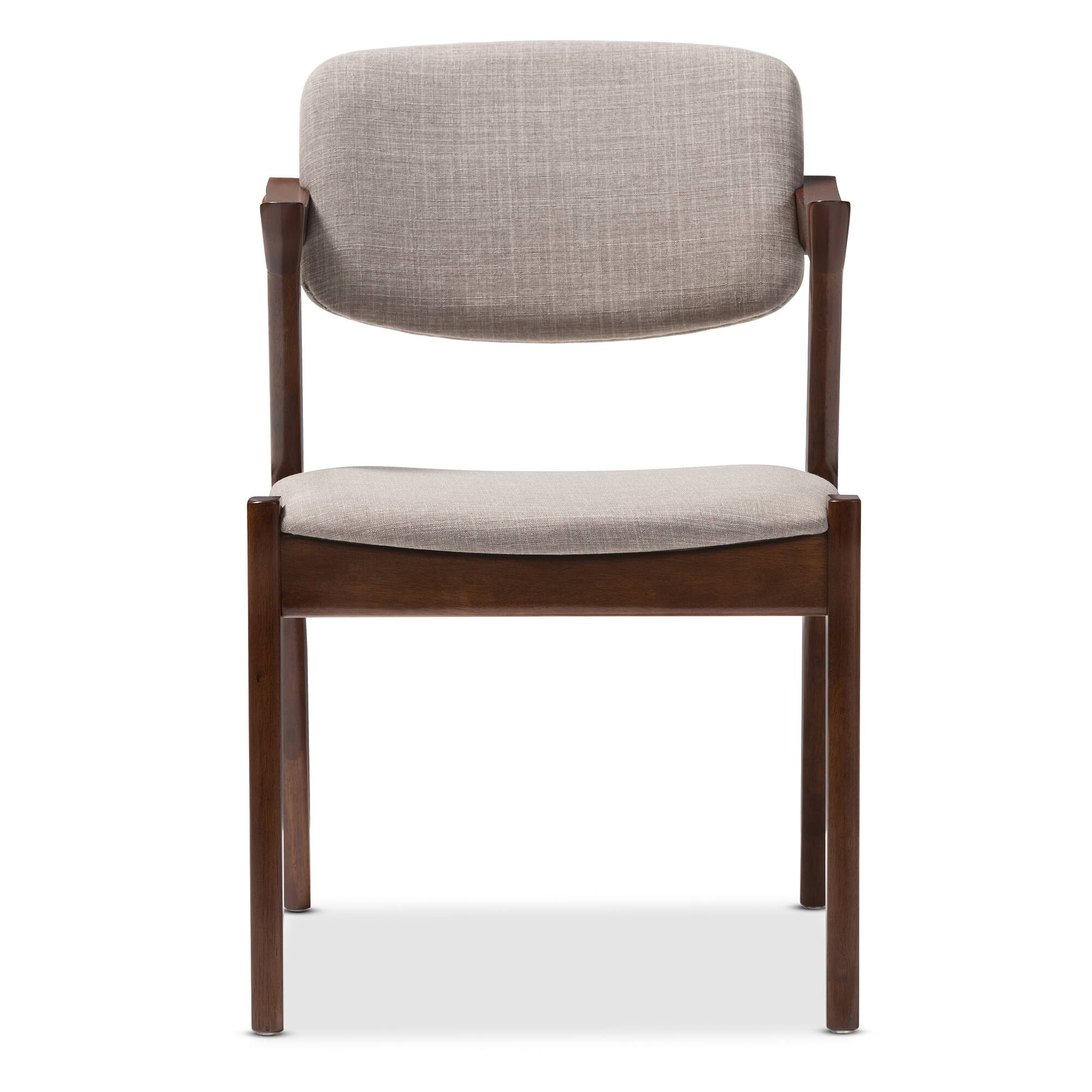 Angle. Baxton Studio - Elegant Mid-Century Dark Walnut Wood Fabric Upholstered Dining Armchair - Light Grey/Walnut Brown.