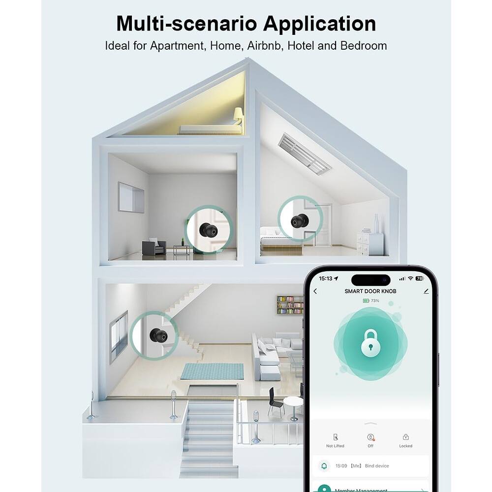 Multi-scenario Application  
Ideal for Apartment, Home, Airbnb, Hotel and Bedroom  

SMART DOOR KNOB  
73%  

15:13  
Bind device  
15:09 [Me] Bind device
