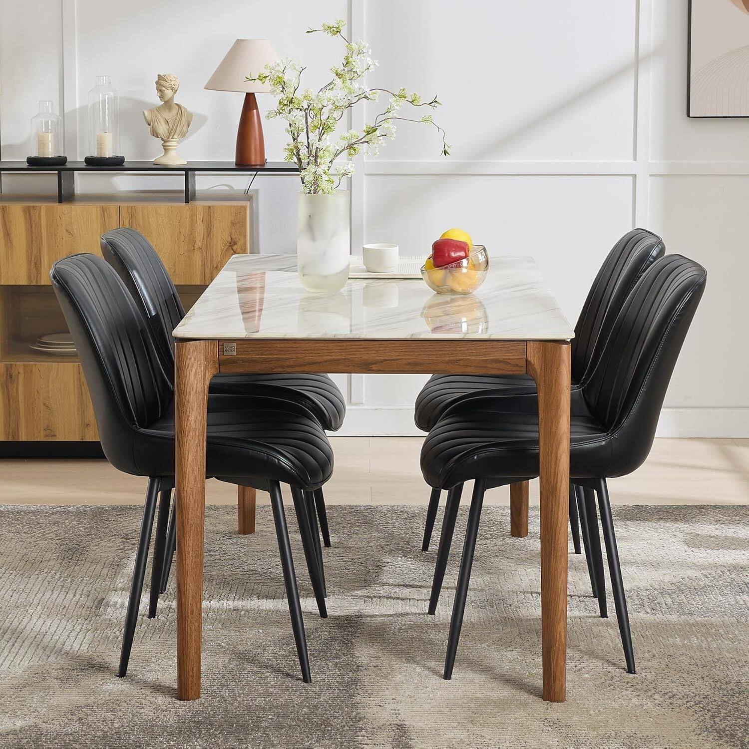 Front. Babevy - Set of 2 Modern Faux Leather Dining Chairs, Linear Design Upholstered Side Chairs with Sturdy Metal Legs - Black.