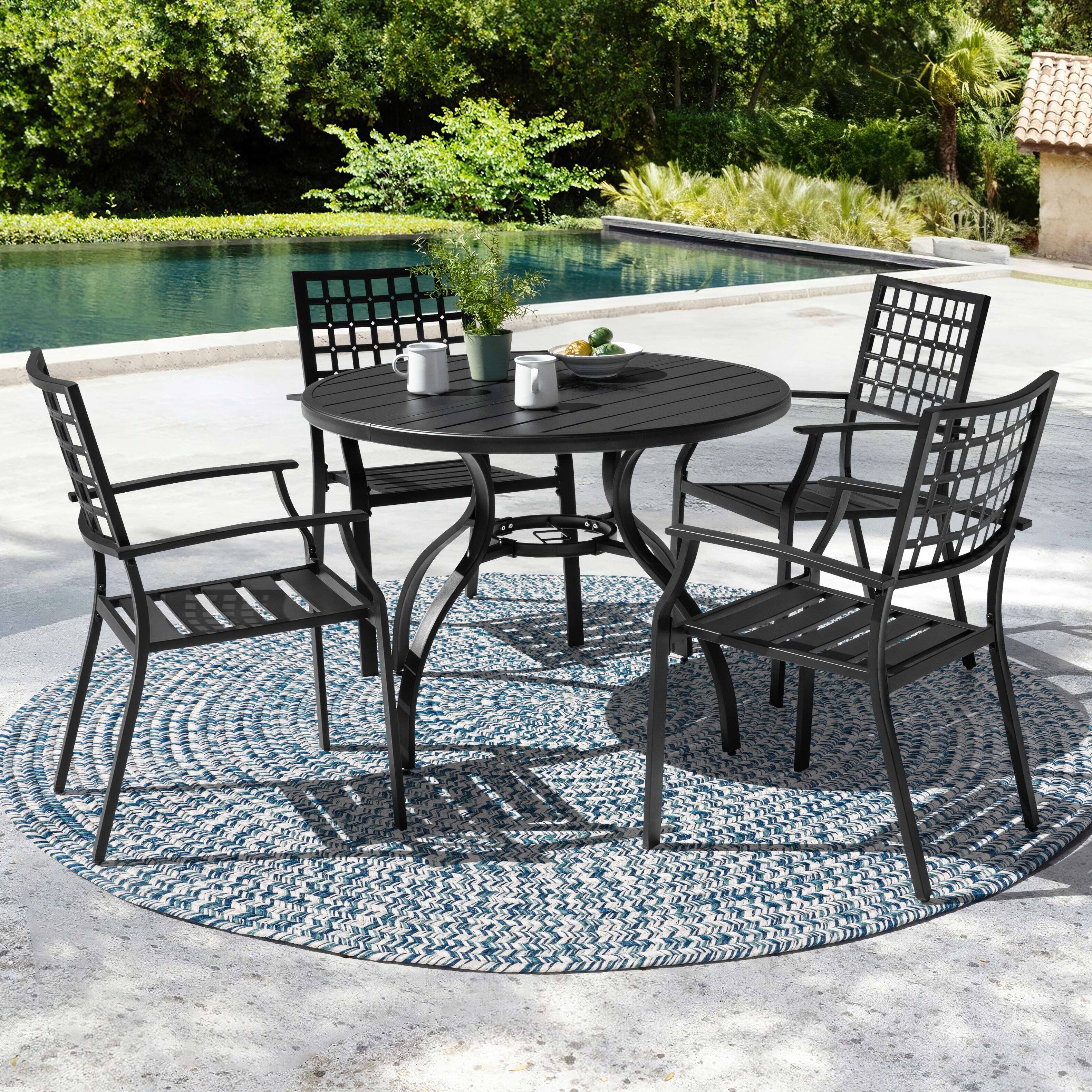 Angle. Nuu Garden - Outdoor 5-Piece Metal Patio Dining Set with Umbrella Hole, Stackable Chairs - Black.