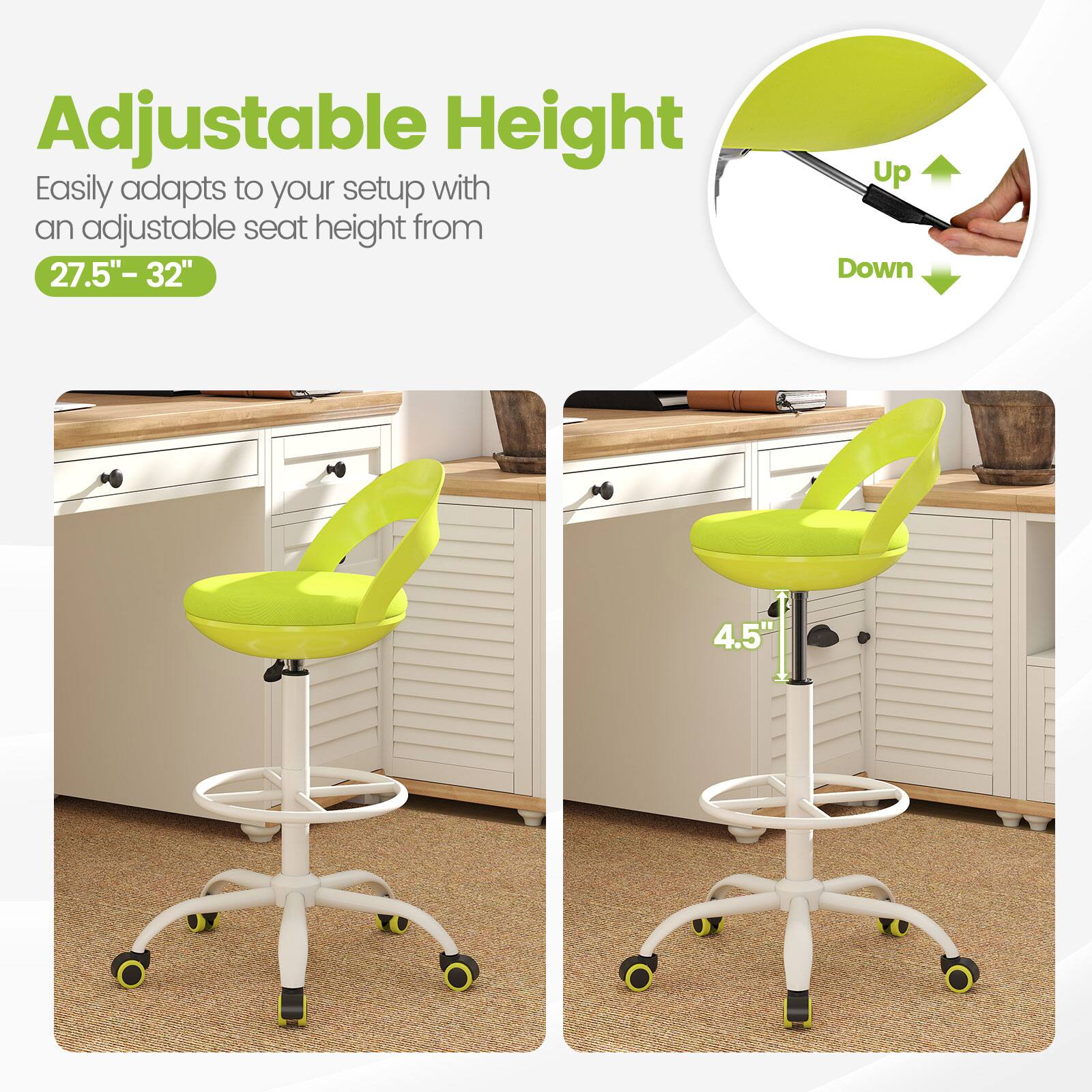 Adjustable Height

Easily adapts to your setup with an adjustable seat height from 27.5" - 32"

Up

Down

4.5"