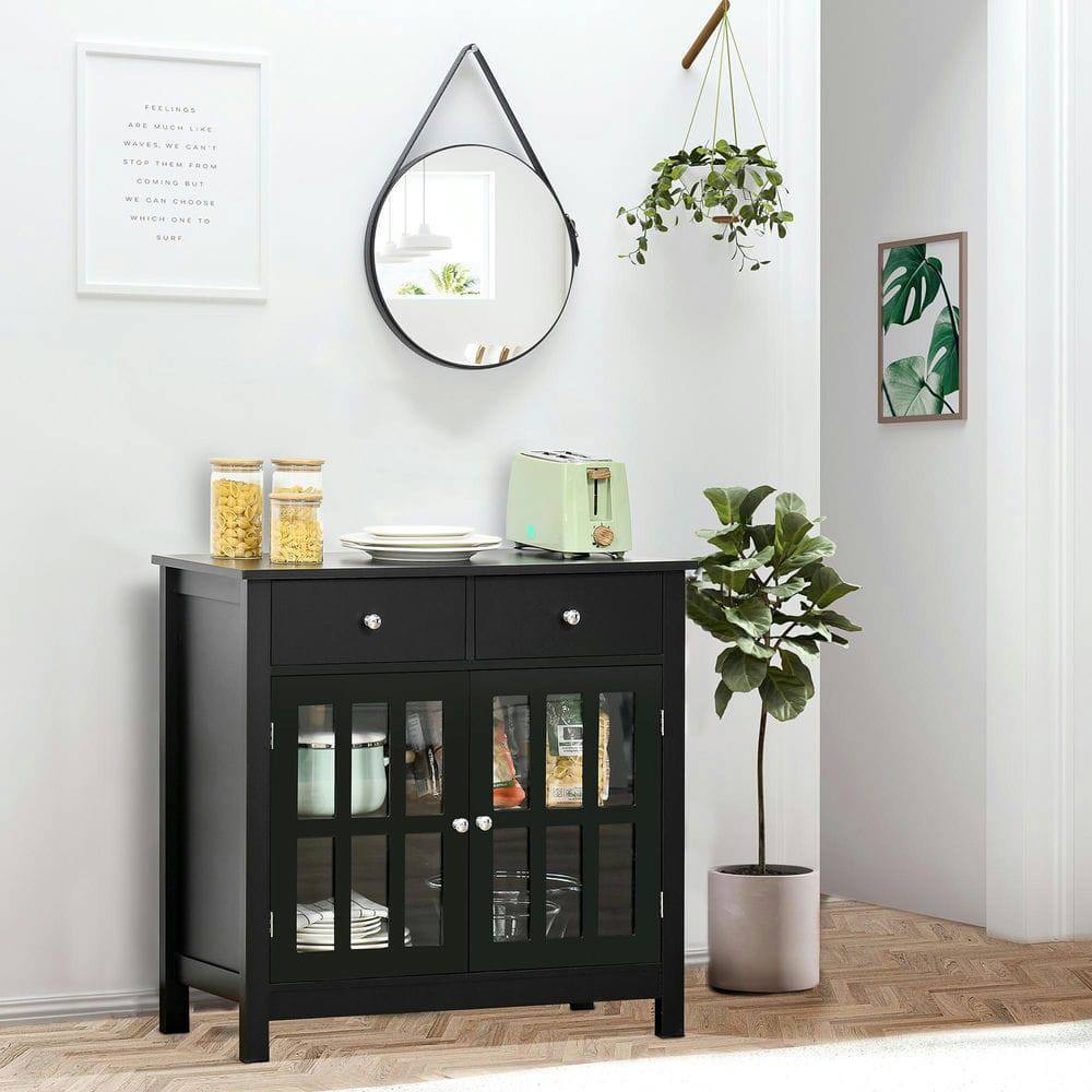 Kadyn - Elegant Sideboard Buffet with Glass Cabinets and Two Spacious Drawers - Black