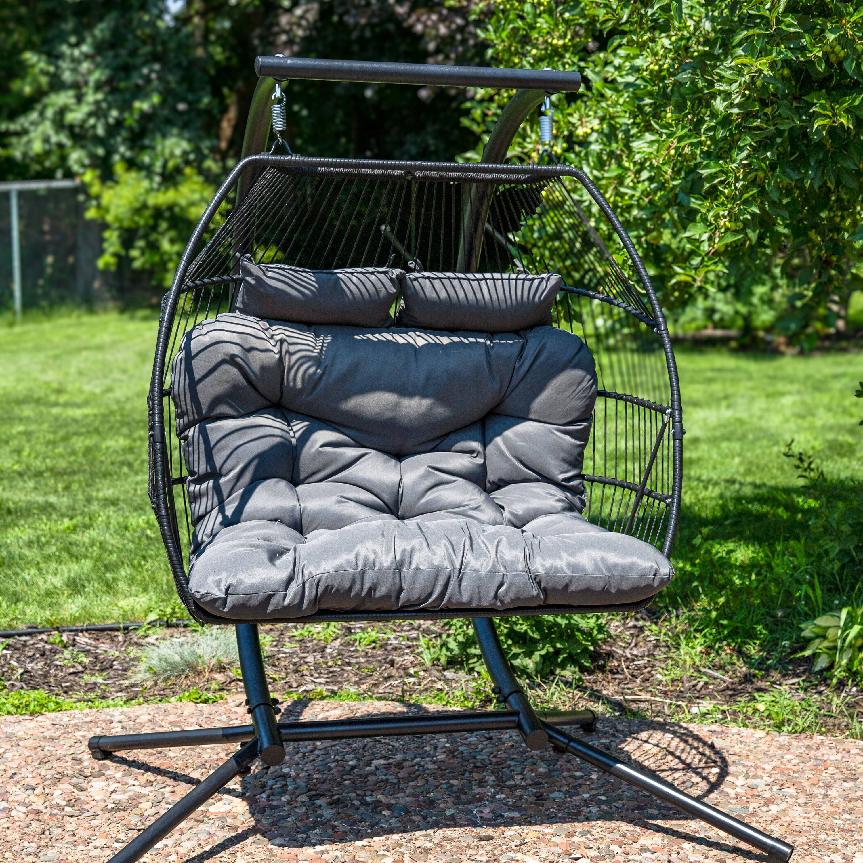 Alt View 4. Sunnydaze - Polyrattan Andrei Double Egg Chair with Stand and Cushion - Dark Gray.