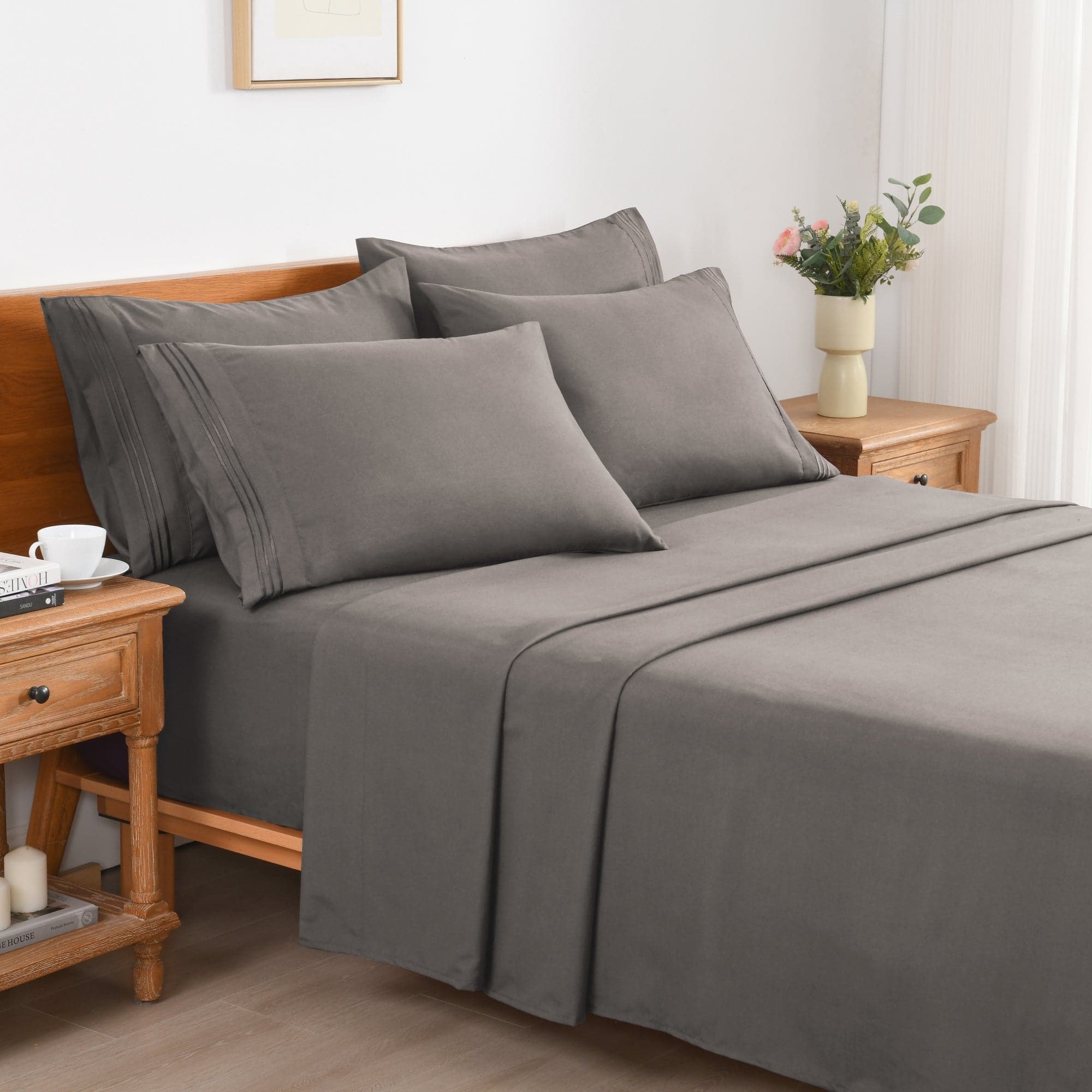 MarCielo - 4/6 Pcs Soft Solid & Embroidery Bed Sheets Set - Dark Grey