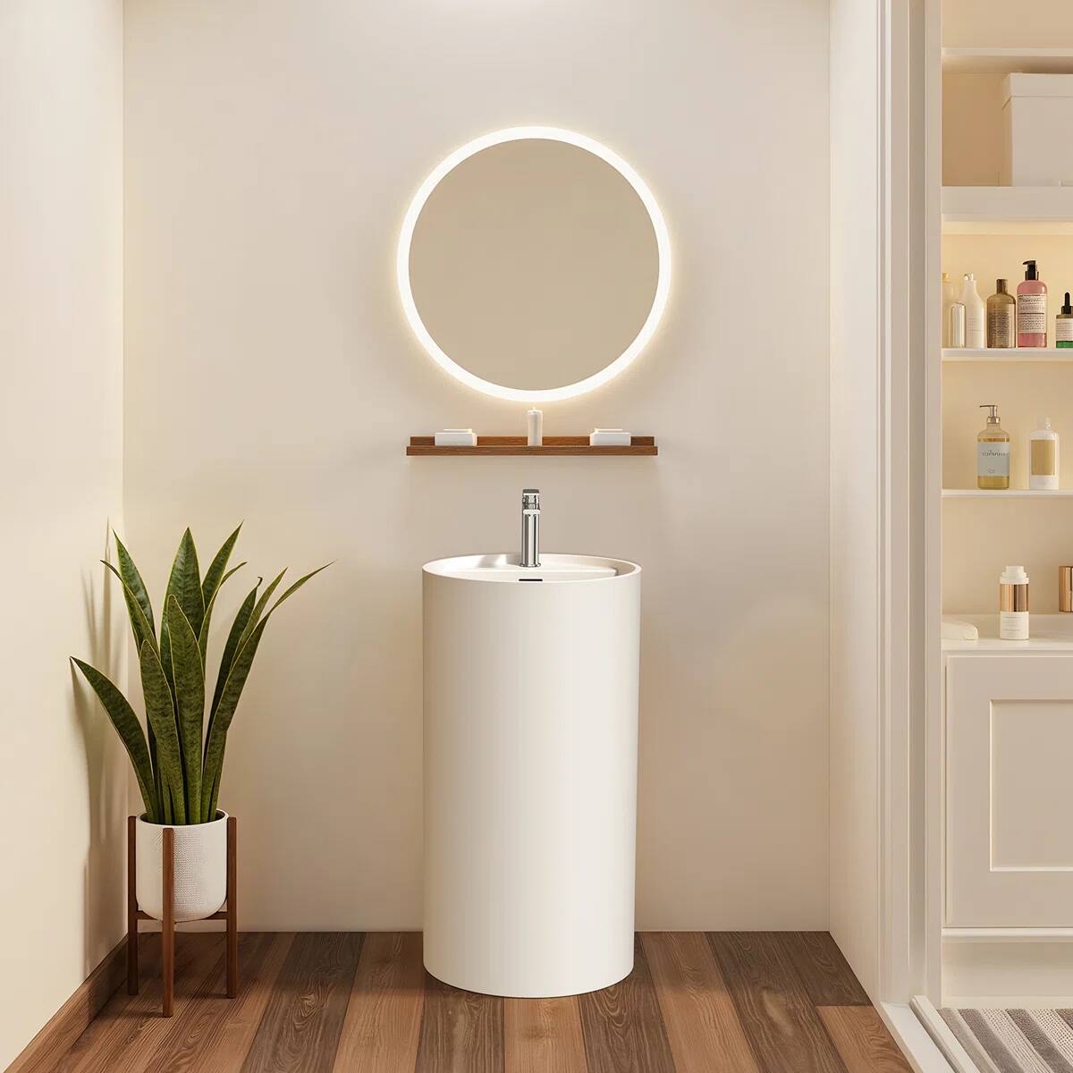Alt View 1. Koligey - 33.5'' Tall Solid Surface Circular Pedestal Bathroom Sink, Modern Pedestal Sink with Overflow - white.