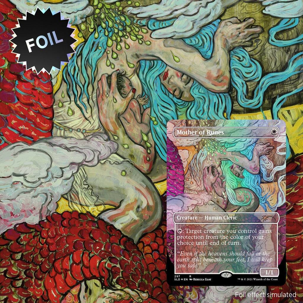 FOIL Mother of Runes Creature | Human Cleric: Target creature you control gains protection from the color of your choice until end of turn. "Even if the heavens should fall or the earth split beneath your feet, I will keep you safe" 1/1 297 SLD EN 2 KERECCA GOAT & e 2021 Tuand od e Coe Foil effect simulated