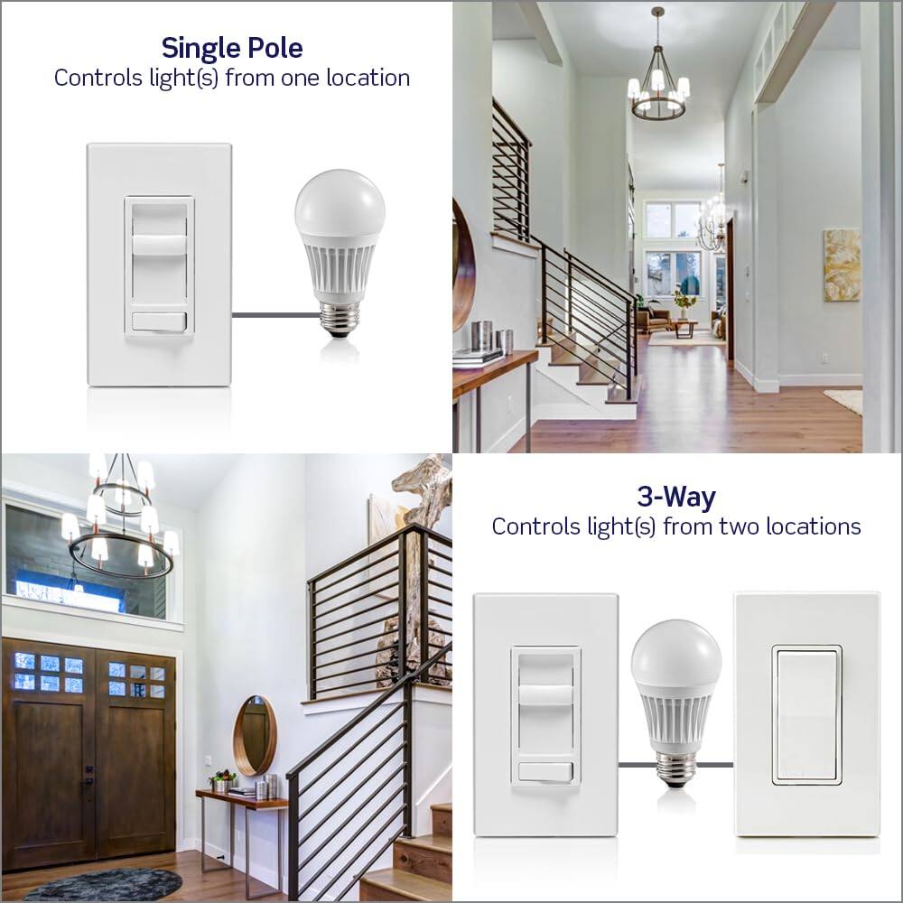 Single Pole  
Controls light(s) from one location  

3-Way  
Controls light(s) from two locations