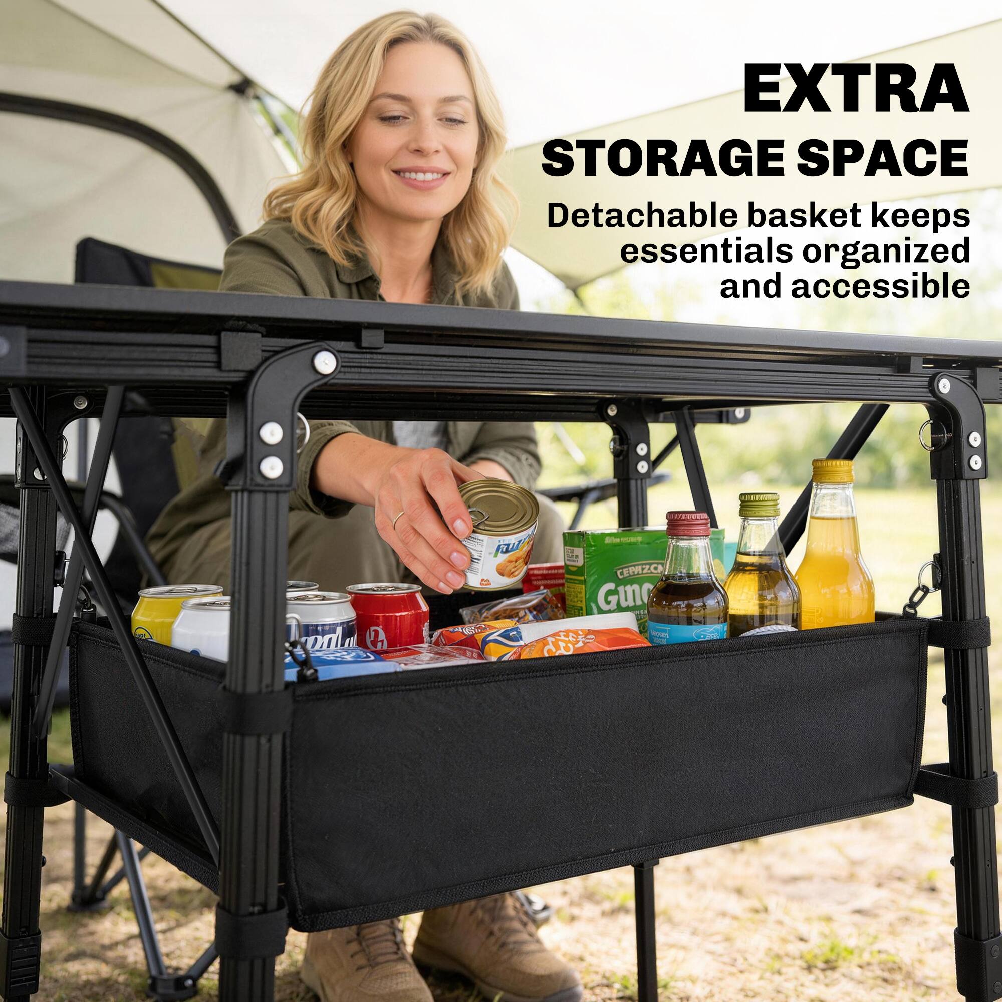 EXTRA STORAGE SPACE  
Detachable basket keeps essentials organized and accessible