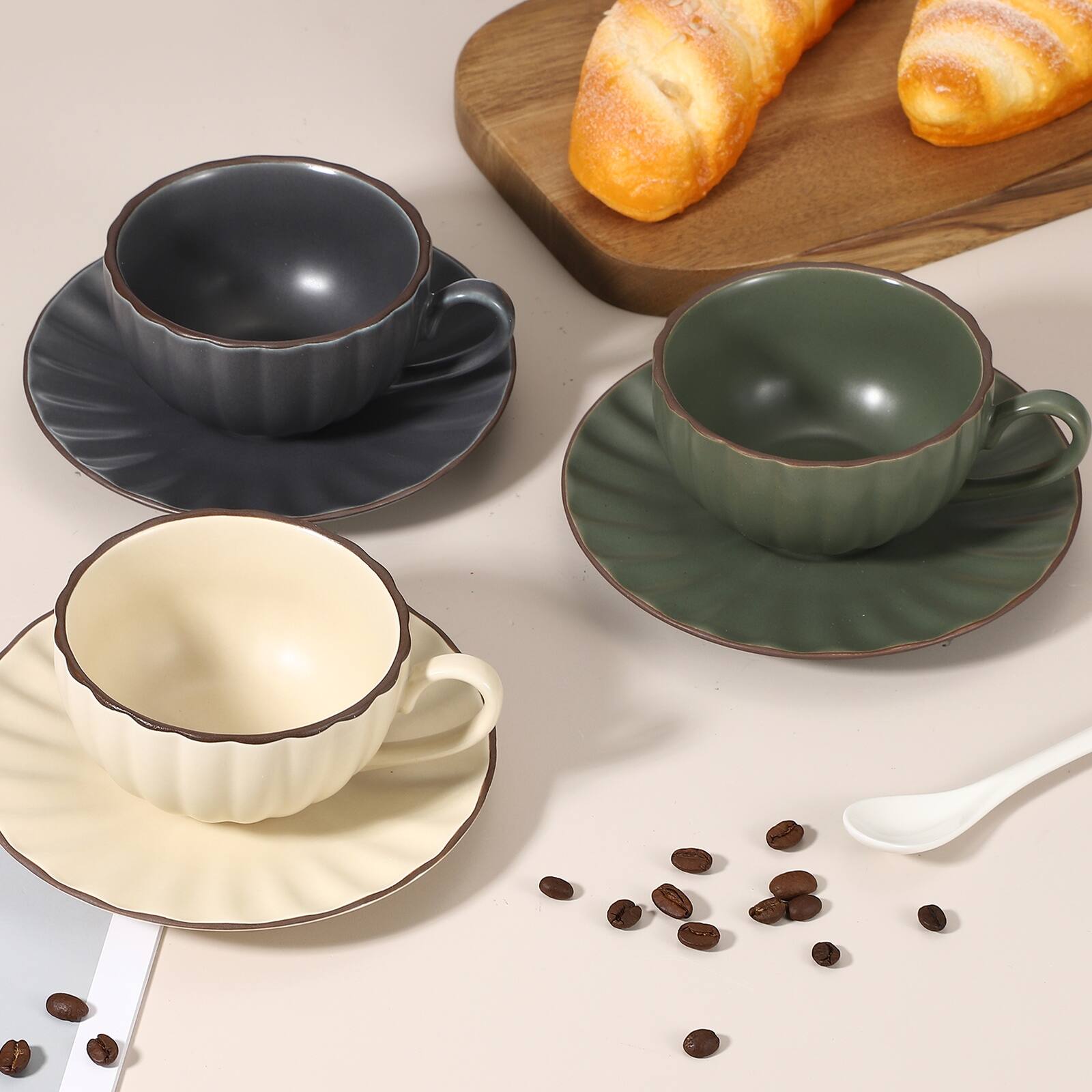 Alt View 4. Unique Bargains - Handmade Vintage Espresso Cups, 8oz Coffee Cups & Saucers Ceramic Tea Cup w/Handle, Microwave Safe for Home Office Gifts - Beige.