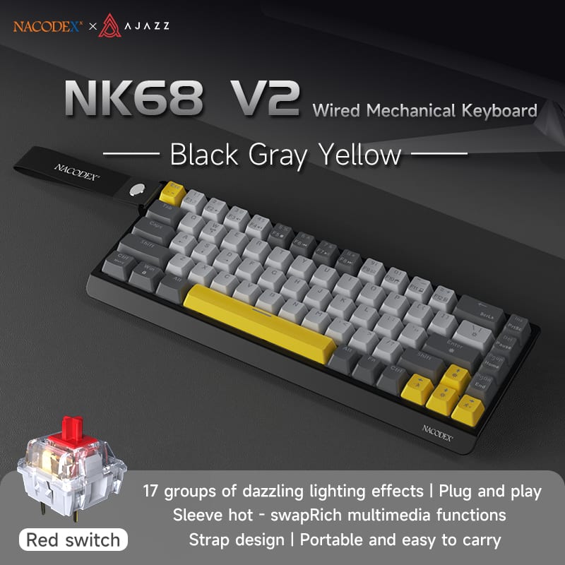 AJAZZ - NK68 V2 Red Switch Original Mixed Lighting Wired Version Keyboard - Black, gray, yellow