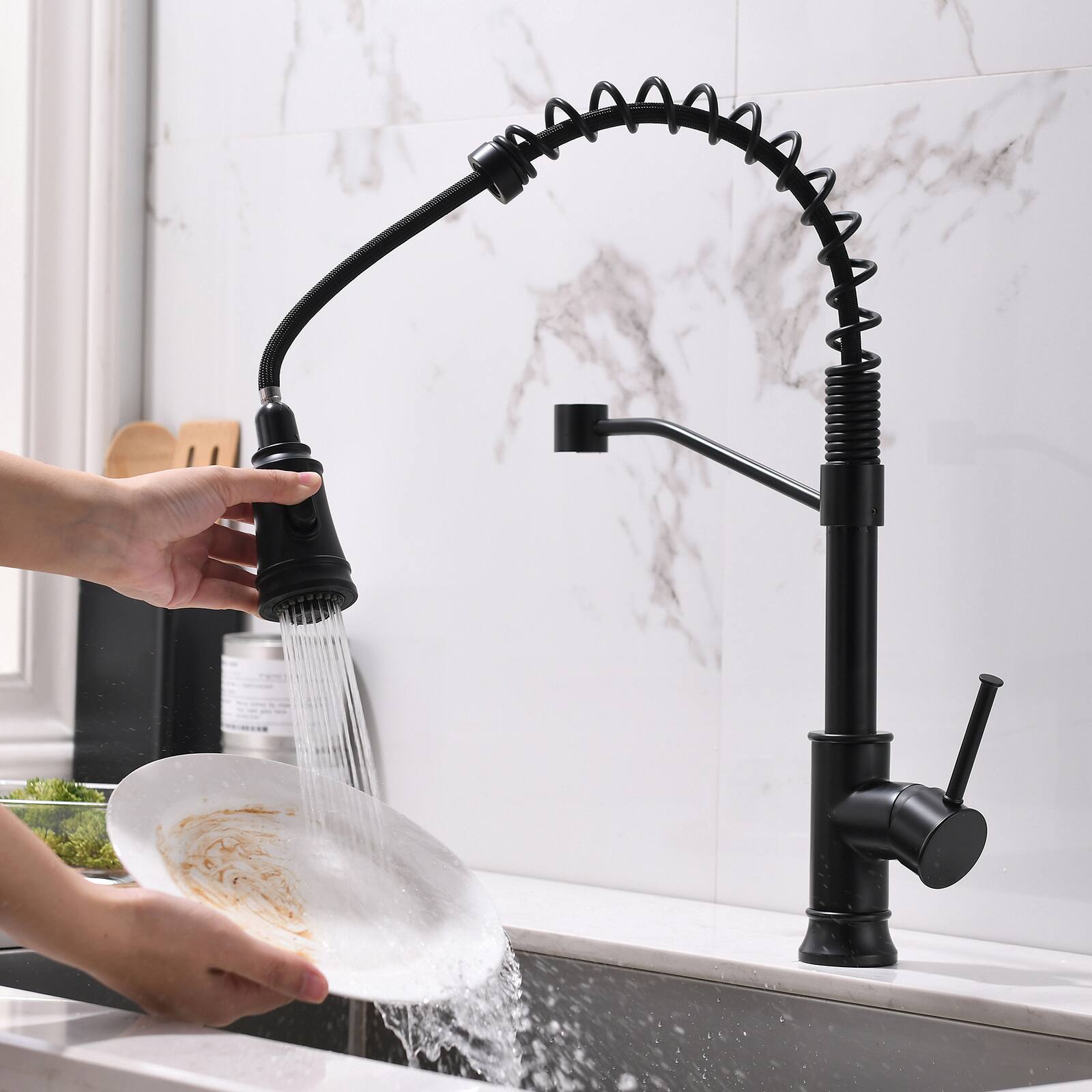 Front. APRILSOUL - Kitchen Faucet with Pull Out Sprayer Black Stainless Steel Single Handle Kitchen Sink Faucets - Black.