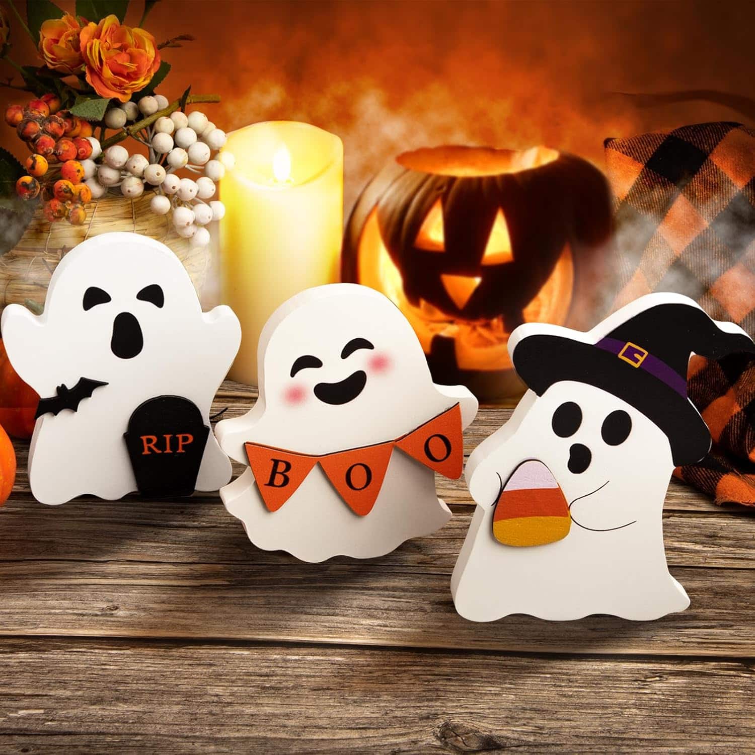 Front. Sunoyar - Halloween Wooden Ghost Tiered Tray Decorations 3 Piece Set - White.