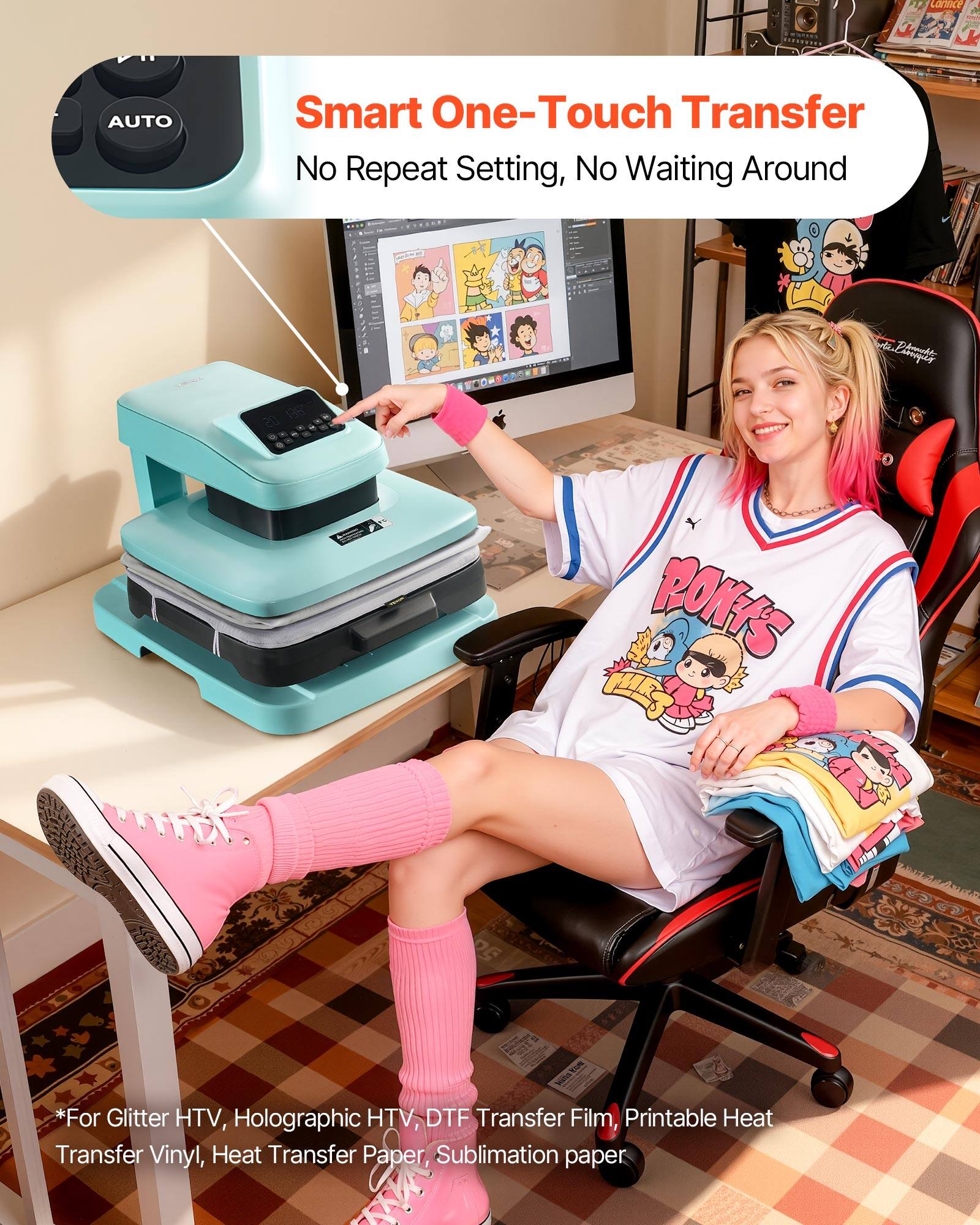 Larce AUTO Smart One-Touch Transfer No Repeat Setting, No Waiting Around

*For Glitter HTV, Holographic HTV, DTF Transfer Film, Printable Heat Transfer Vinyl, Heat Transfer Paper, Sublimation paper
