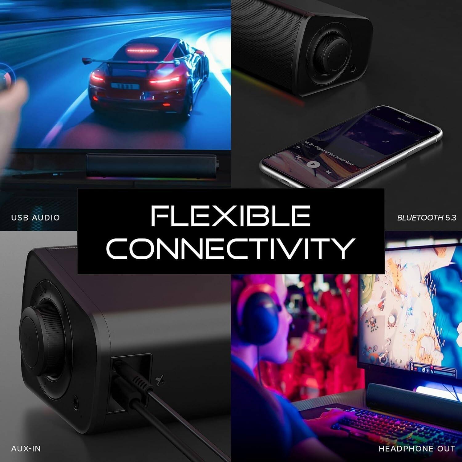 19 22 2-faltboed Rht te J Fnnd USB AUDIO FLEXIBLE BLUETOOTH 5.3 CONNECTIVITY AUX-IN HEADPHONE OUT