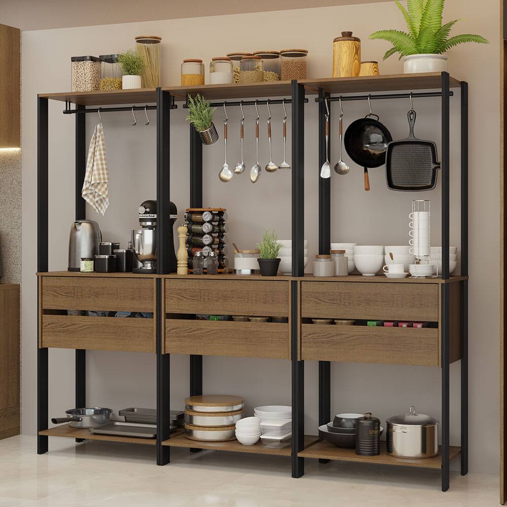 Front. Madesa - Madesa Kitchen Pantry Storage Rack with 6 Drawers and Hanging Spaces 82"L Multiuse Cabinet - Black/Brown - Brown/Black.