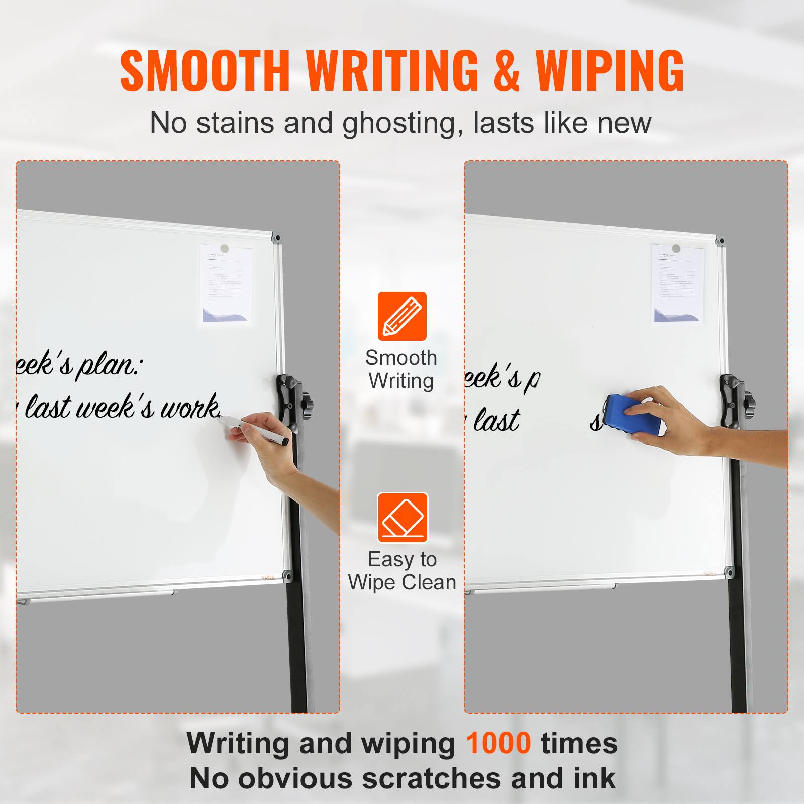 SMOOTH WRITING & WIPING
No stains and ghosting, lasts like new
eek's plan: last week's work
Smooth Writing
eek's p last
Easy to Wipe Clean
Writing and wiping 1000 times
No obvious scratches and ink