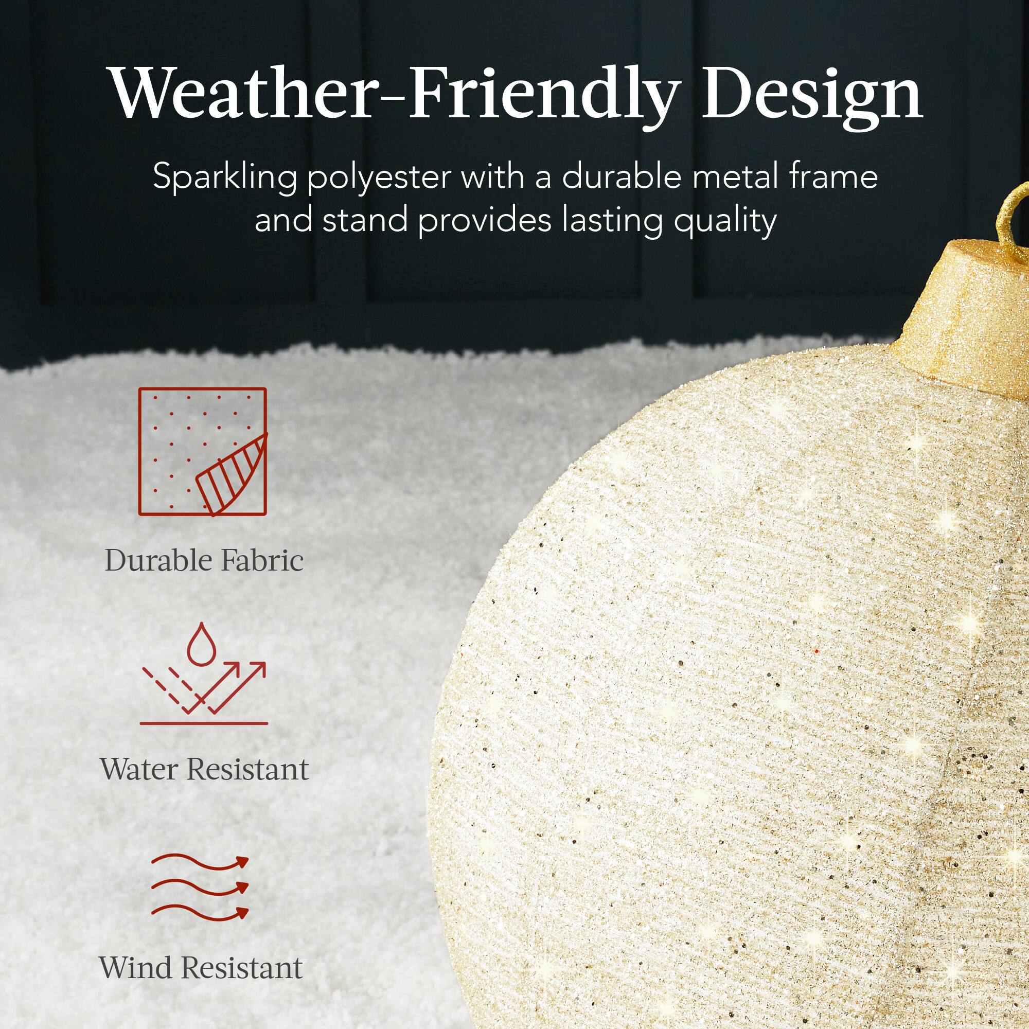 Weather-Friendly Design

Sparkling polyester with a durable metal frame and stand provides lasting quality

- Durable Fabric
- Water Resistant
- Wind Resistant