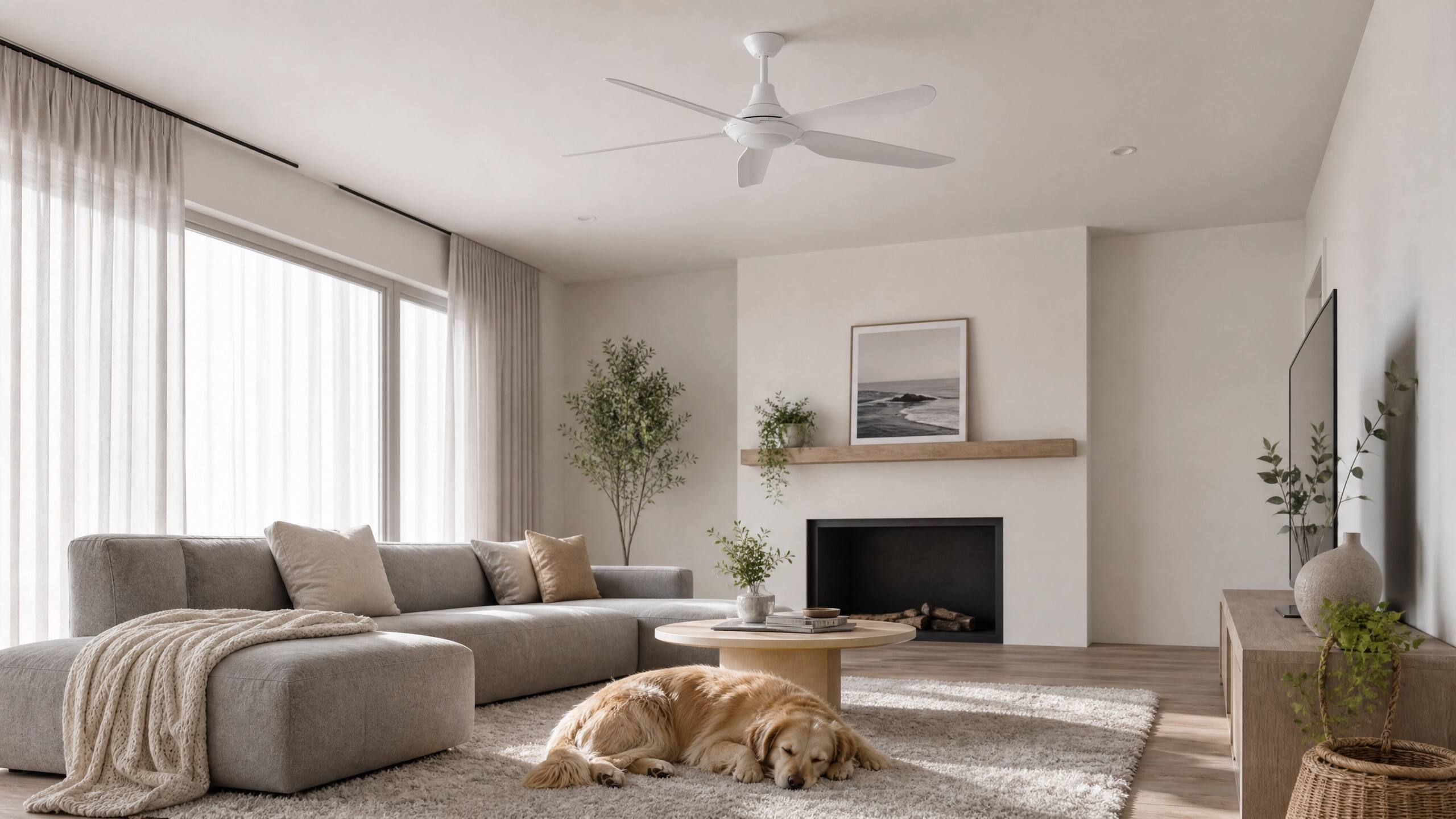 Back. ENLIGHT - 56" Smart Ceiling Fan, IP66 Outdoor/Coastal, CCT & Dimmable LED, Durable, Efficient + Quiet DC Motor, Matter, 5 Blades - White.