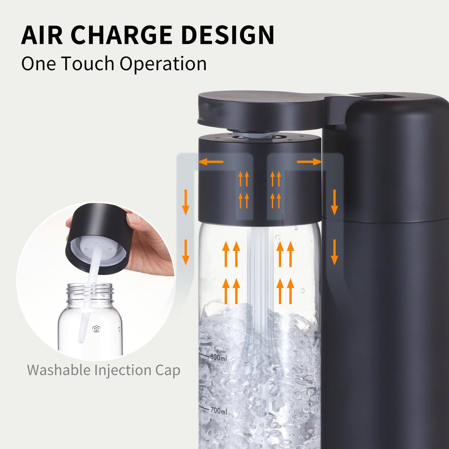 AIR CHARGE DESIGN  
One Touch Operation  

Washable Injection Cap  

800ml  
700ml