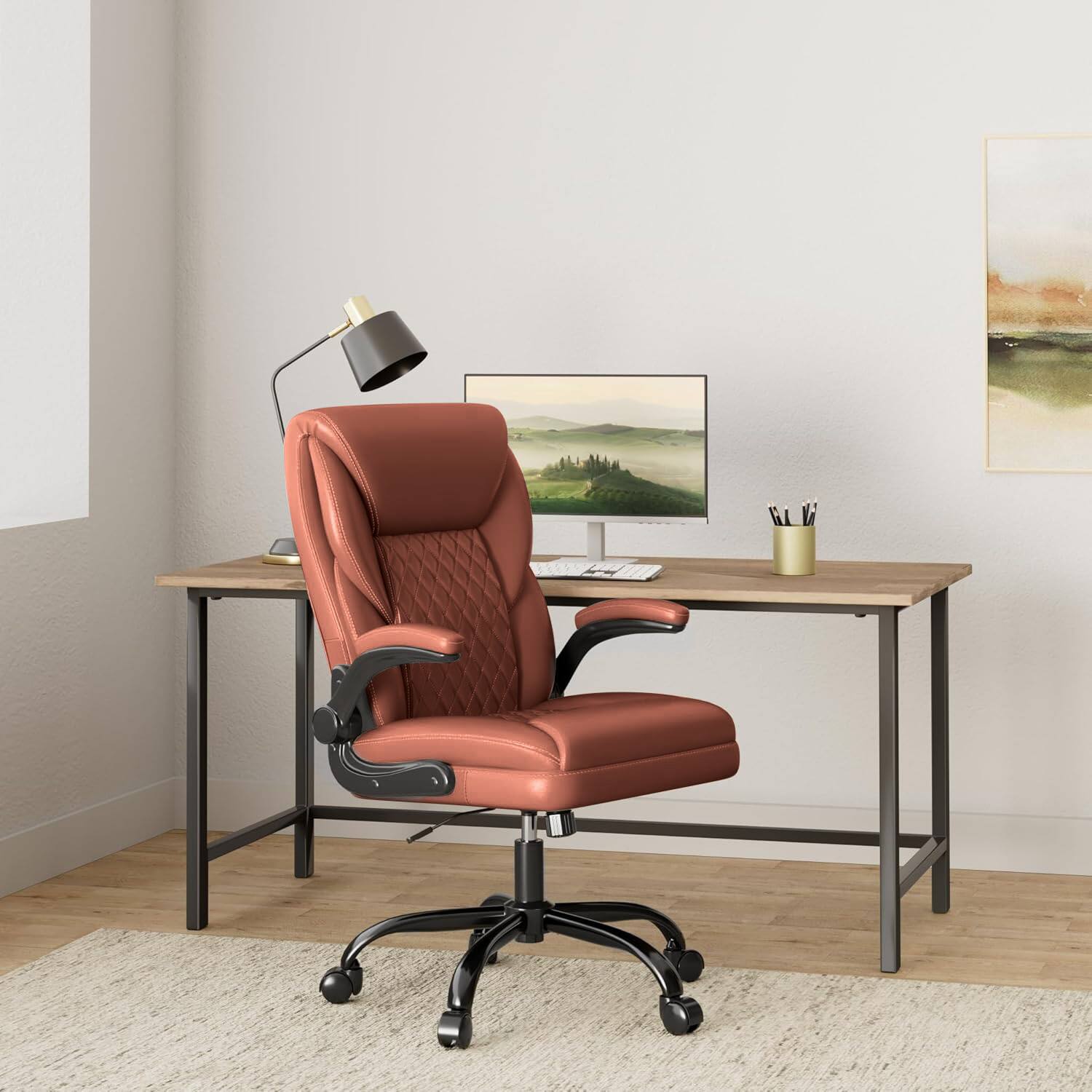 KERDOM - Home Office PU Leather Desk Chair with Rocking Function, Ergonomic Computer Chair Lumbar Support Swivel Task Chair - Brown