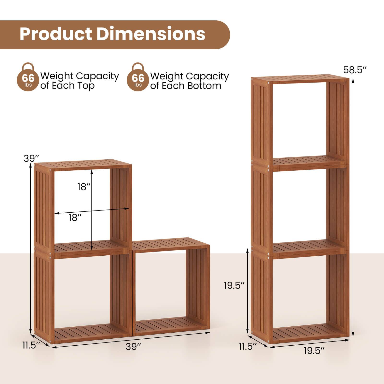 Product Dimensions

Weight Capacity of Each Top: 66 lbs

Weight Capacity of Each Bottom: 66 lbs

Dimensions:
- 39" x 18" x 18" (Top)
- 39" x 11.5" x 11.5" (Bottom)
- 58.5" x 19.5" x 19.5" (Overall)