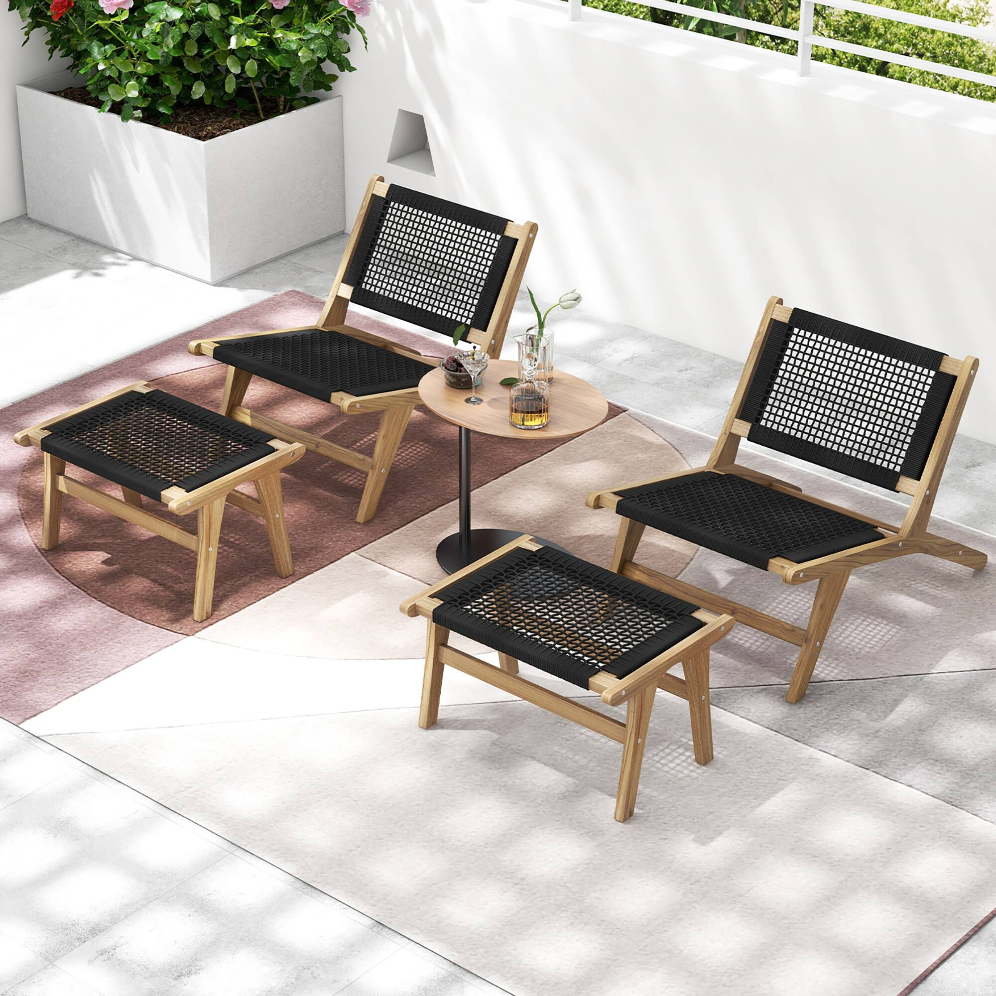 Alt View 1. Gymax - Gymax Mid Century Modern Accent Chair w/ Ottoman Living Room Chair w/Teak Wooden Frame - Natural, Black.