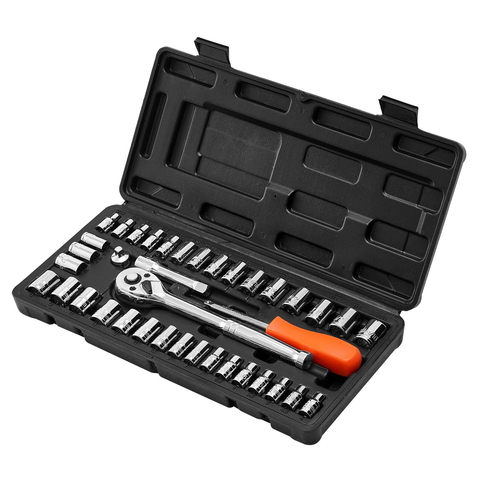 Alt View 5. VEVOR - Socket Set, 39 Pieces, 3/8 & 1/4 inch Drive Socket and Ratchet Set, SAE and Metric Size, Mechanic Tool Kit with Wrench - Black+Sliver.