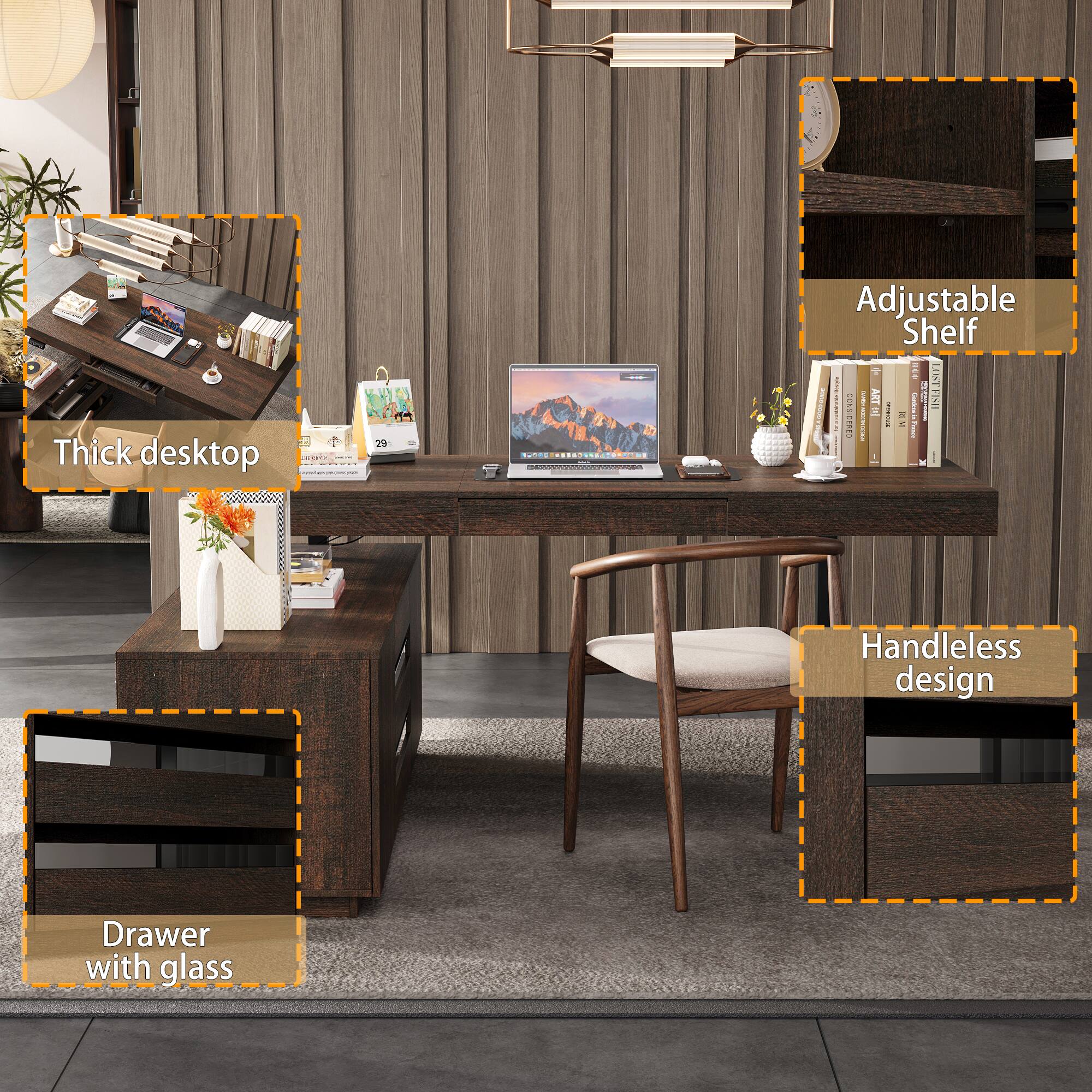 - Thick desktop
- Adjustable Shelf
- Handleless design
- Drawer with glass