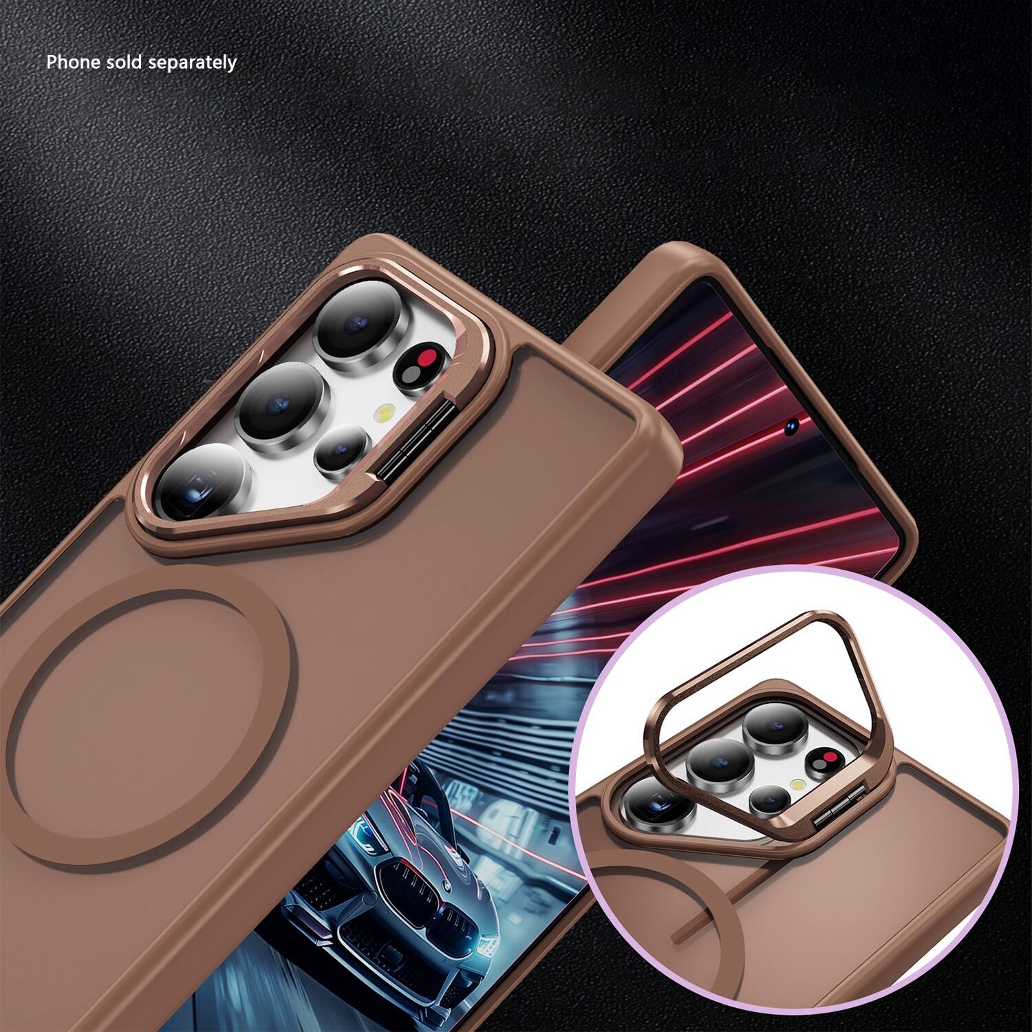 The image features a brown case for a cell phone, which is designed to hold the phone securely. The case is shown in two different positions, one with the phone in it and another without the phone. The case is made to protect the phone and provide a comfortable grip. The image also includes a picture of a car, which is not related to the phone case.