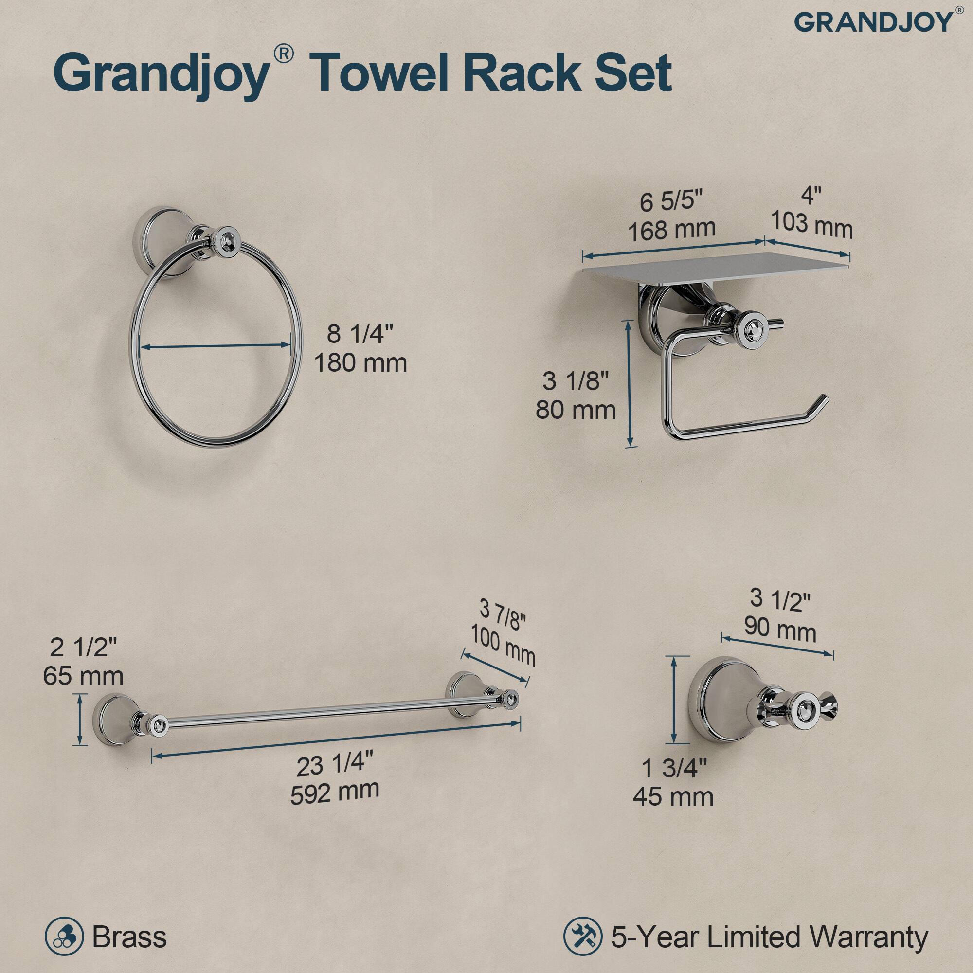 Grandjoy® Towel Rack Set

- 8 1/4" 180 mm
- 6 5/5" 168 mm
- 4" 103 mm
- 3 1/8" 80 mm
- 2 1/2" 65 mm
- 23 1/4" 592 mm
- 3 7/8" 100 mm
- 3 1/2" 90 mm
- 1 3/4" 45 mm

Brass

5-Year Limited Warranty