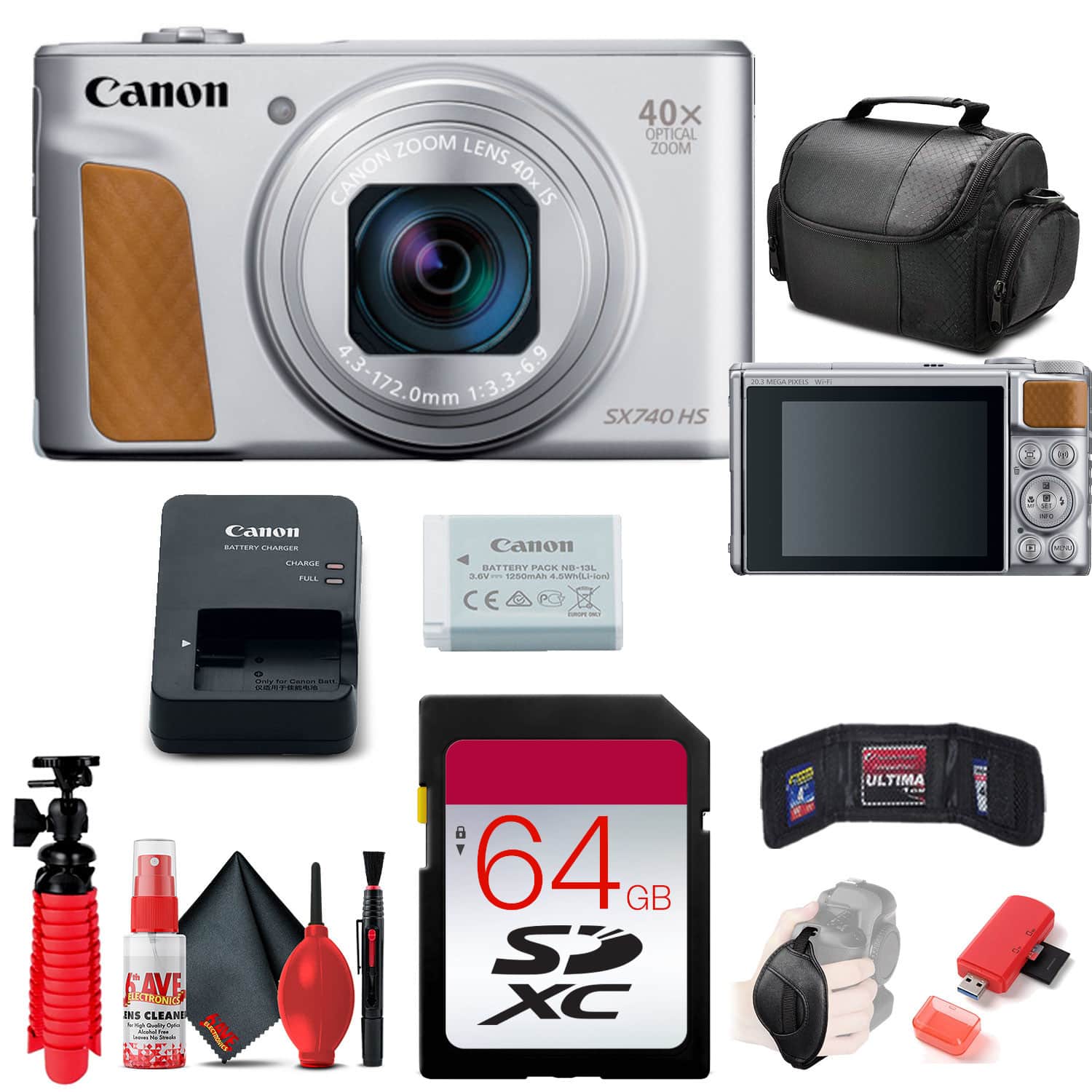 Canon - PowerShot SX740 HS Camera (2956C001) + 64GB Card + More (International Version) - Silver