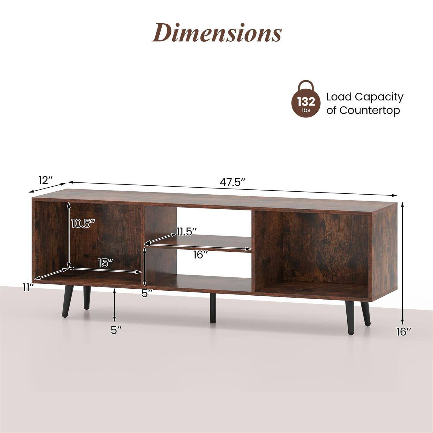 Dimensions  
Load Capacity: 132 lbs of Countertop  
12" x 47.5" x 10.5" x 11.5" x 15" x 16" x 11" x 5" x 5" x 16"
