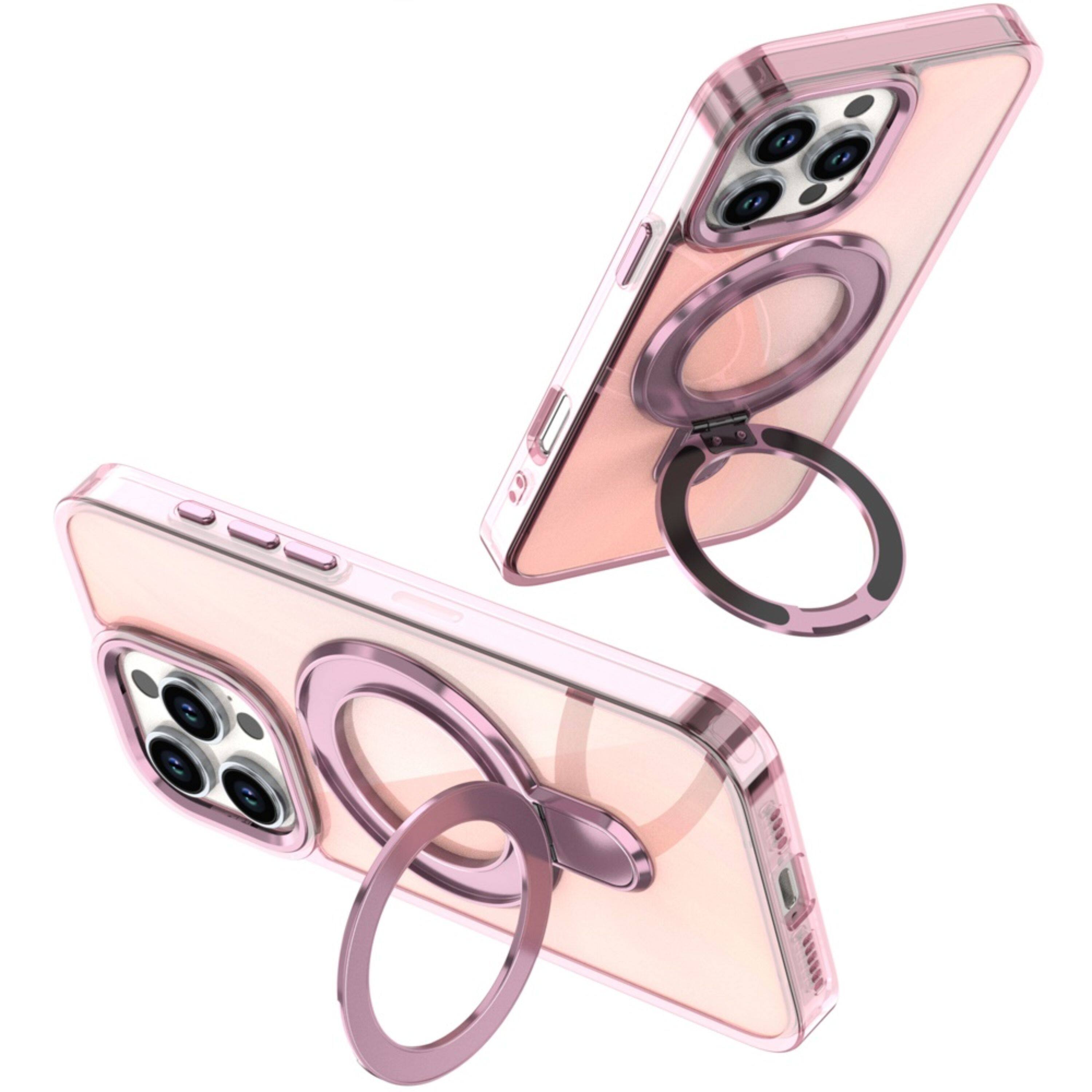 Angle. Kitcheniva - Glossy Chrome Ring Stand Protective Case With Tempered Glass For iPhone 16 Pro Max Light Pink - Light Pink.