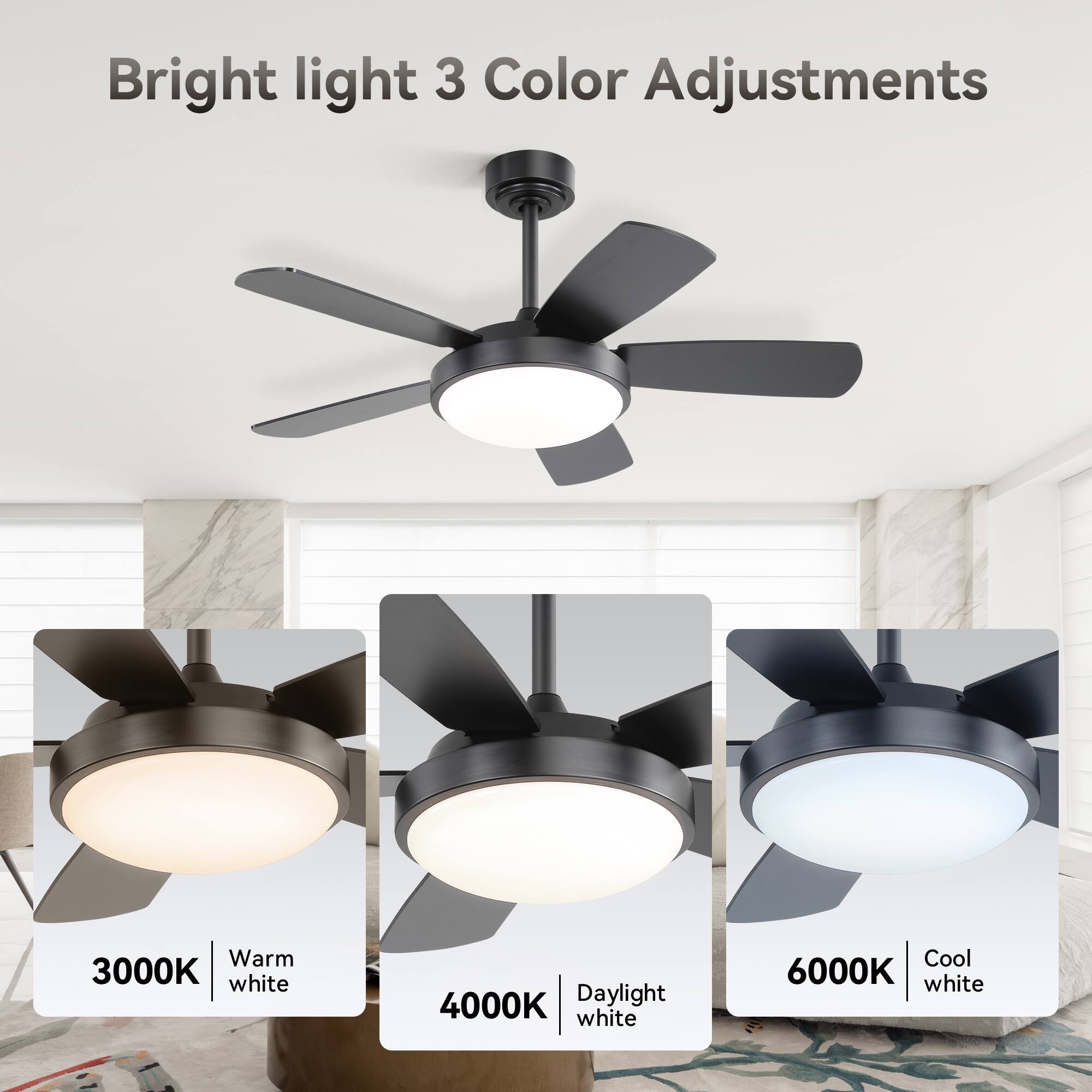Bright light 3 Color Adjustments

3000K Warm white

4000K Daylight white

6000K Cool white
