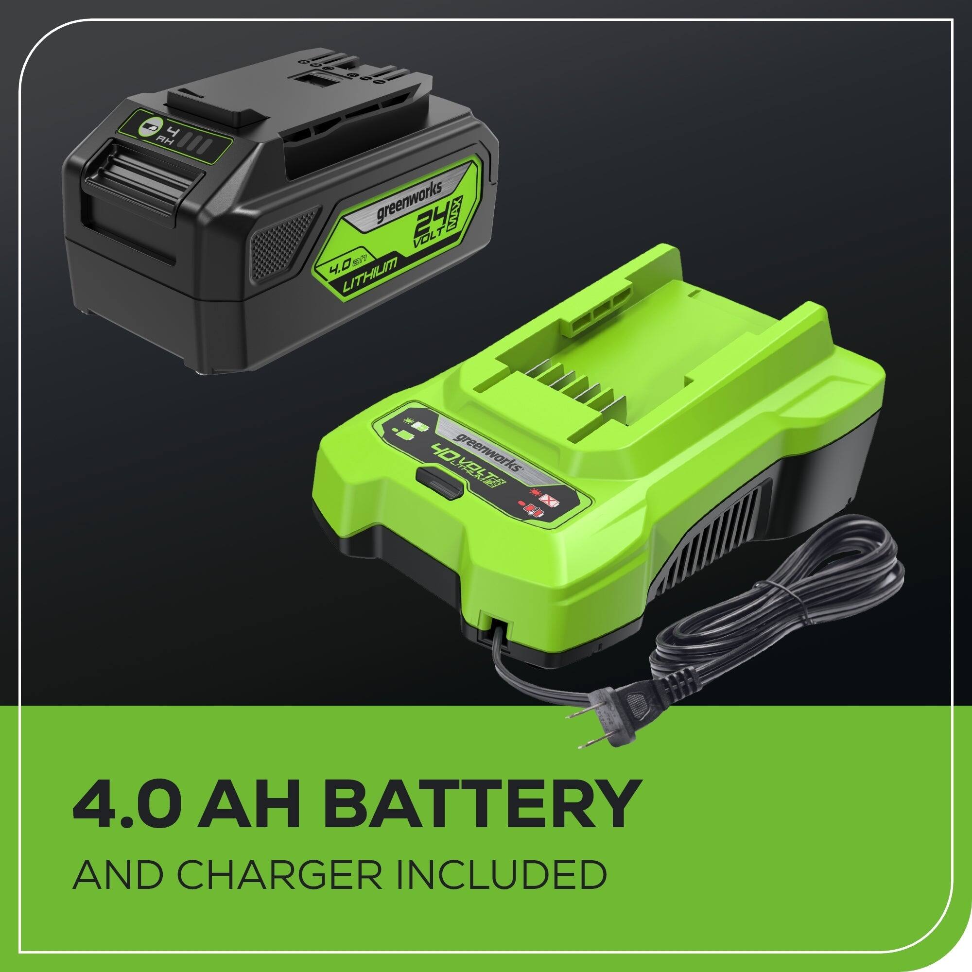 d220 M greenworks 24 VDL E 4.0 LITHUI 4D. greenworks M HO T 4.0 BATTERY AND CHARGER INCLUDED