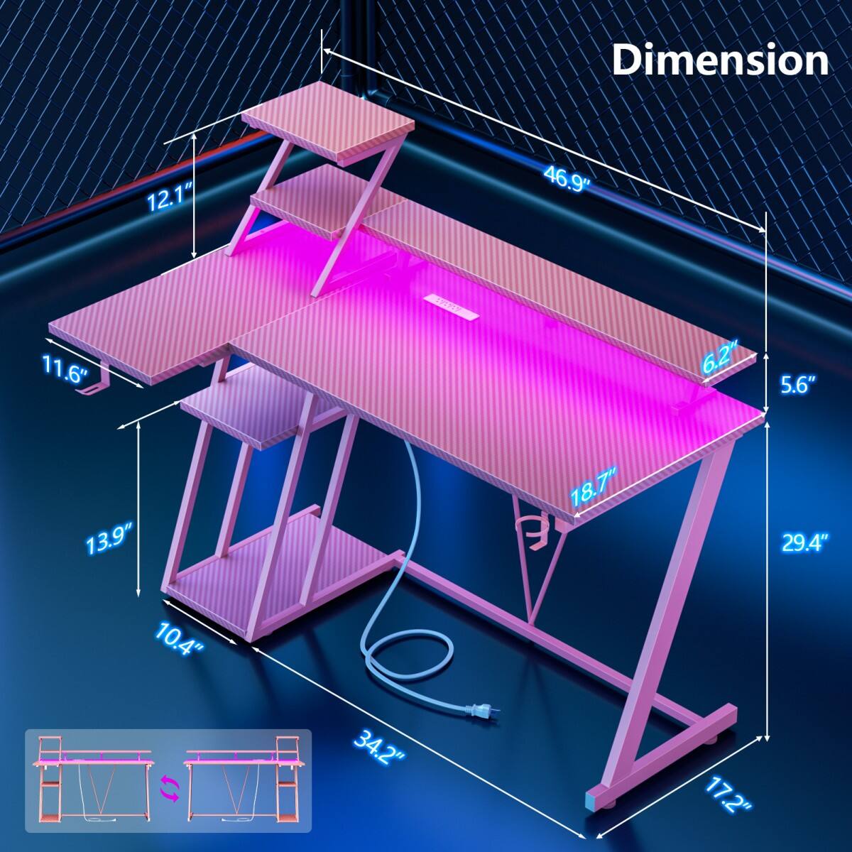 Dimension  
12.1"  
46.9"  
11.6" 13.9" 10.4"  
34.2"  
18.7" 9  
6.2" 5.6" 29.4" 17.2"
