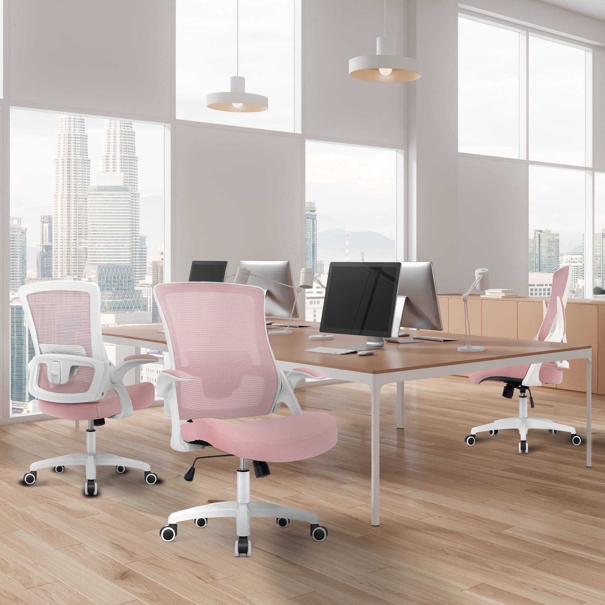 Angle. Celtoss - Office Desk Chair Computer High Back Mesh Seat Rolling Wheels Ergonomic Comfy Flip-up Armrests Lumbar Support for Home - Plastic Base-Pink.