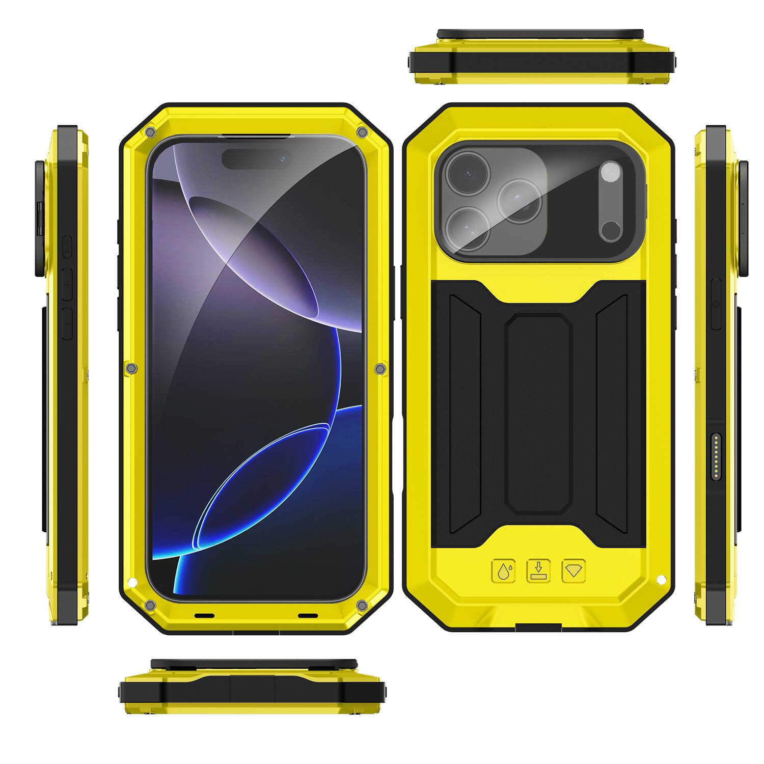 Left. Dteck - Rugged Case for Apple iPhone 17 Pro Flip Camera Kickstand Built-in Screen Protector Military Grade Protection Cover - Yellow.