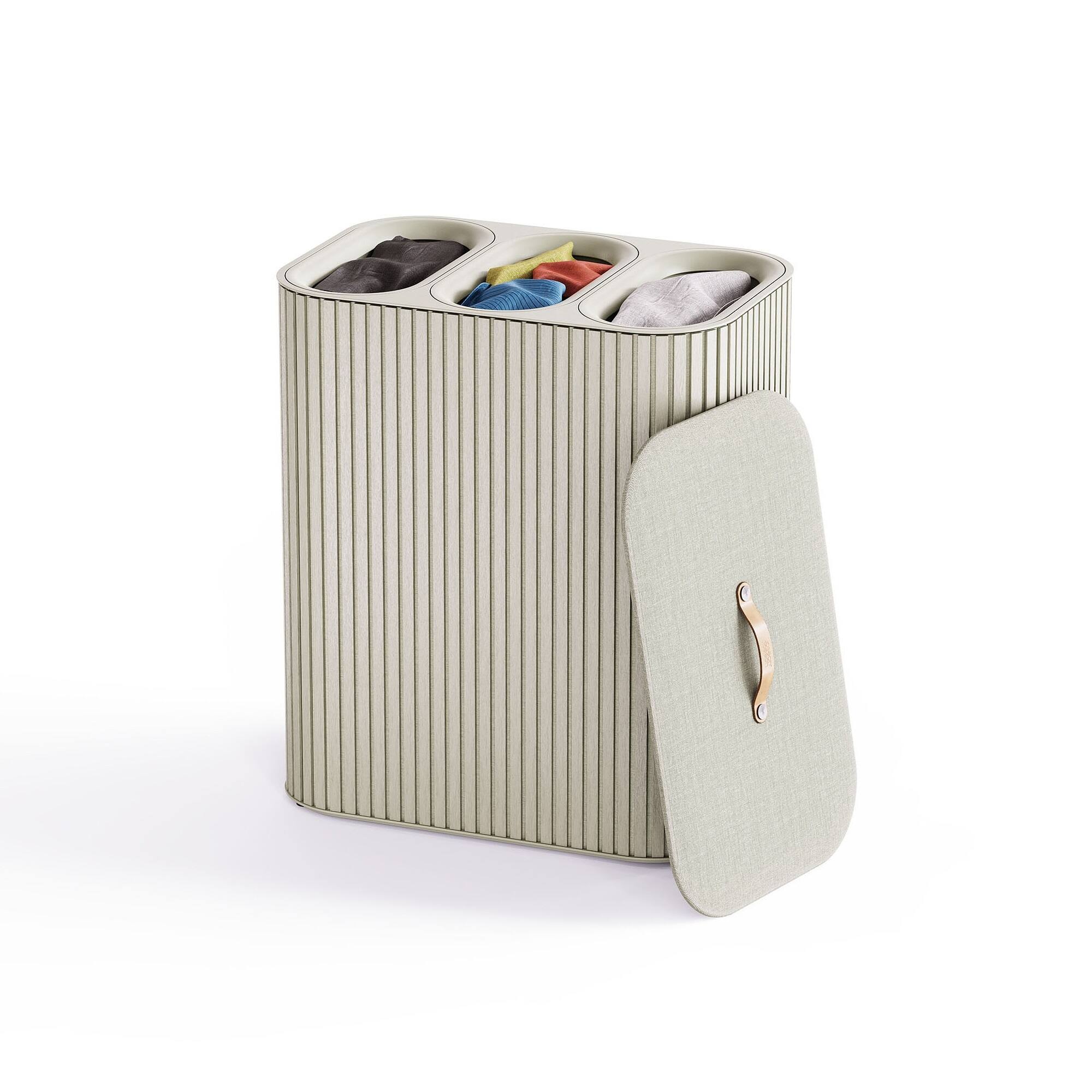 Front. Joseph Joseph - Tota Trio Luxe 90-liter Bamboo Laundry Separation Hamper - Ecru.